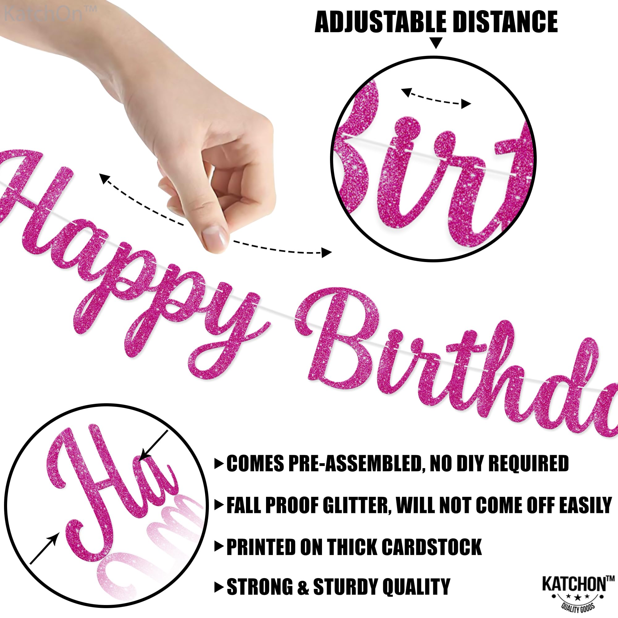 KatchOn Glitter Happy Birthday Banner – Black Cursive, Pre-Strung 10 Ft, Reusable Cardstock, For Parties & Decor