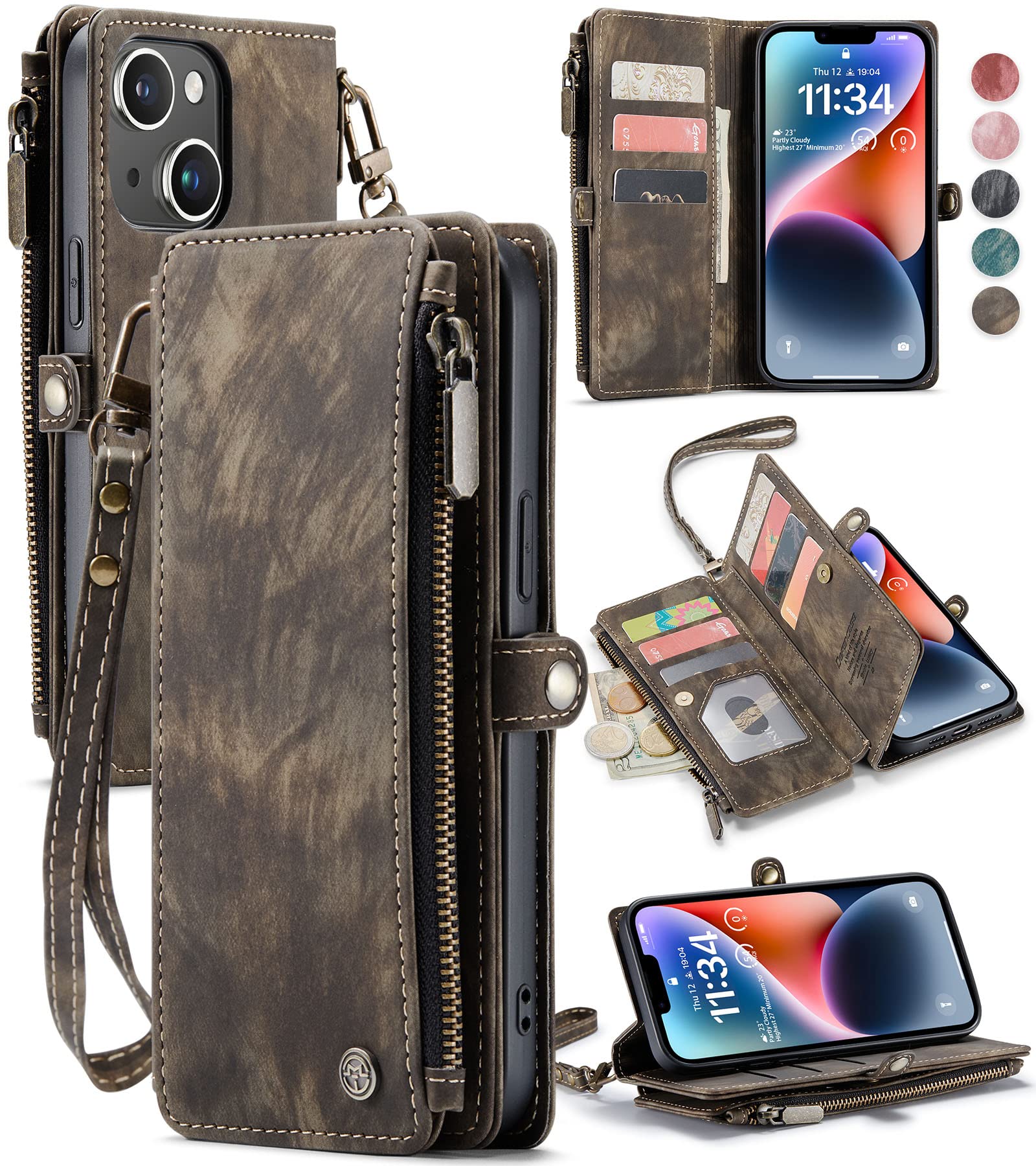 DefencaseDefencase for iPhone 14 Plus Case, iPhone 14 Plus Case Wallet for Women Men, Durable Leather Magnetic Buckle Flip Strap Wristlet Zipper Card Holder Wallet Phone Cases for iPhone 14 Plus [6.7"], Coffee