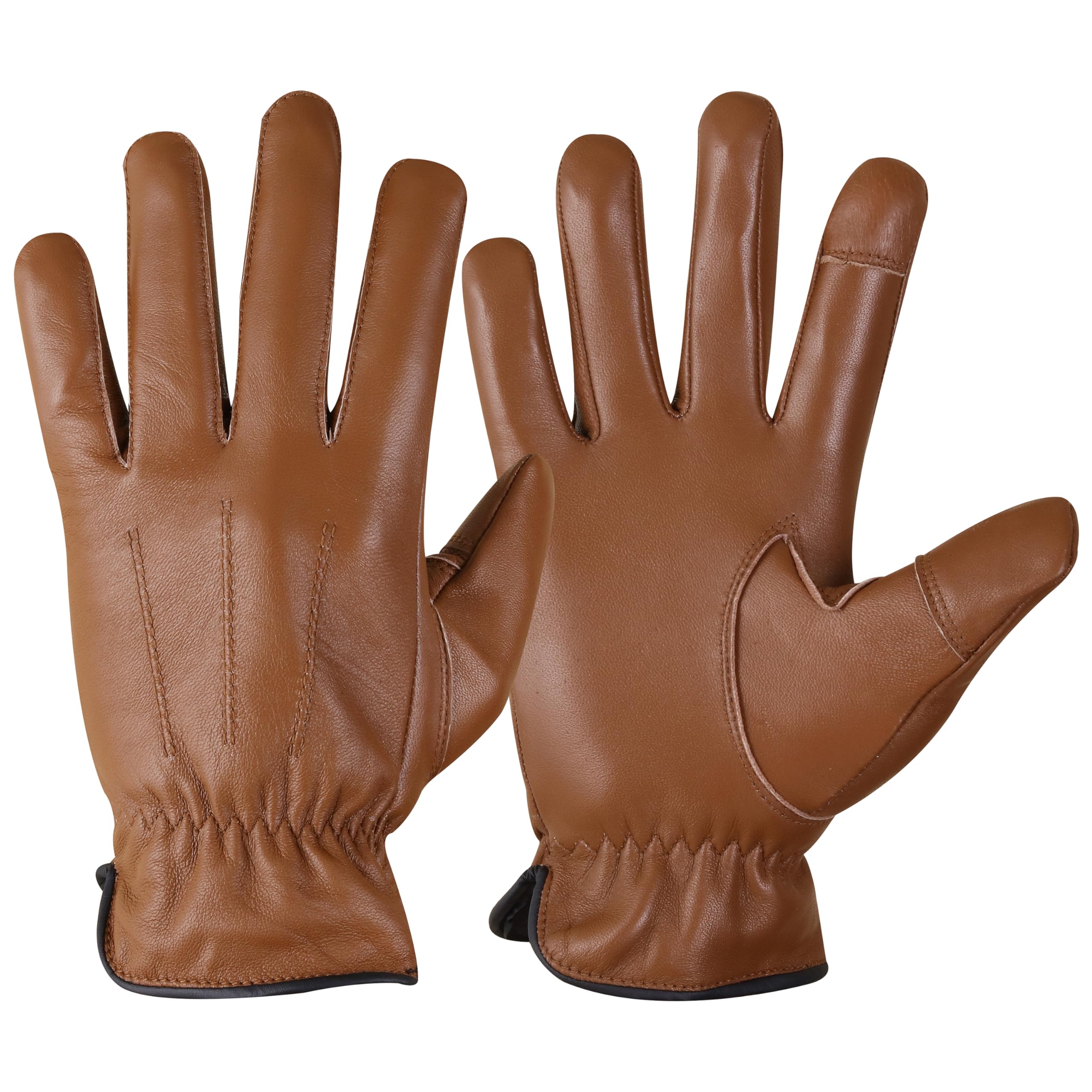 Hoof N Paw Men's Brown Mouplah Genuine Sheepskin Leather Winter Gloves For Touchscreen Leather Gloves Driving Glove Fleece Lined (, Small)