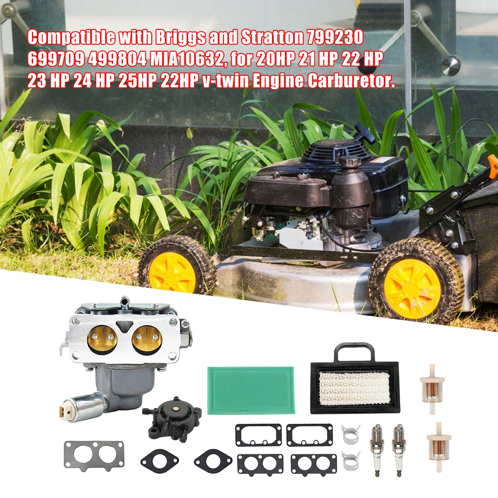 CDIYTOOL 791230 Kit de carburador para Briggs and Stratton 407777 20-25 HP V-Twin Engine, 499804 699709 Kit de ajuste para John Deere MIA10632 LA150 LA145 LA130 L120 cortacésped con filtro de aire
