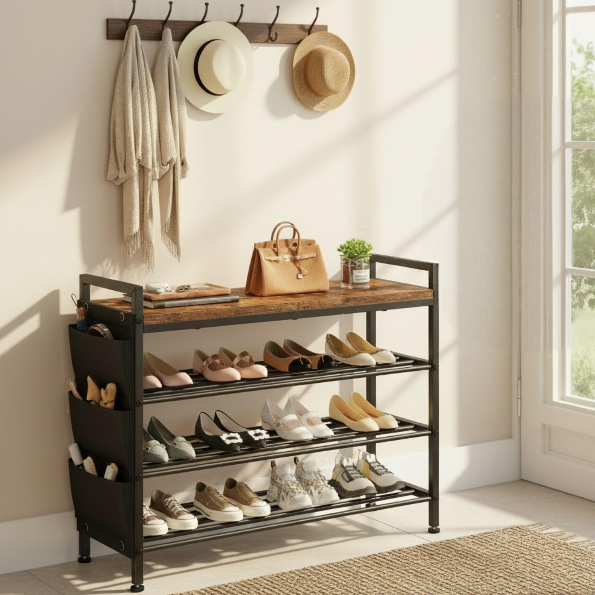 Zapatero Estrecho 4 Niveles para 12-16 Pares, Zapatero metalico Madera sólido y fácil de Limpiar, Zapatero Entrada recibidor con Bolsillos Laterales, 30 x 76 x 76,5 cm, para Entrada y Pasillo