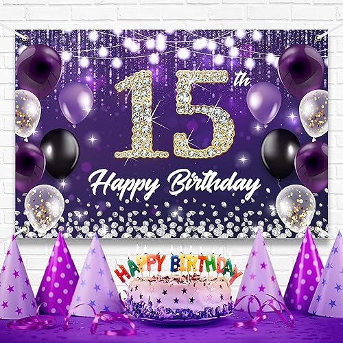 Miniatura 2 de Telón de fondo de feliz cumpleaños 15 color morado con diamante brillante noble elegante fiesta de cumpleaños, fotografía, fondo de cabina de