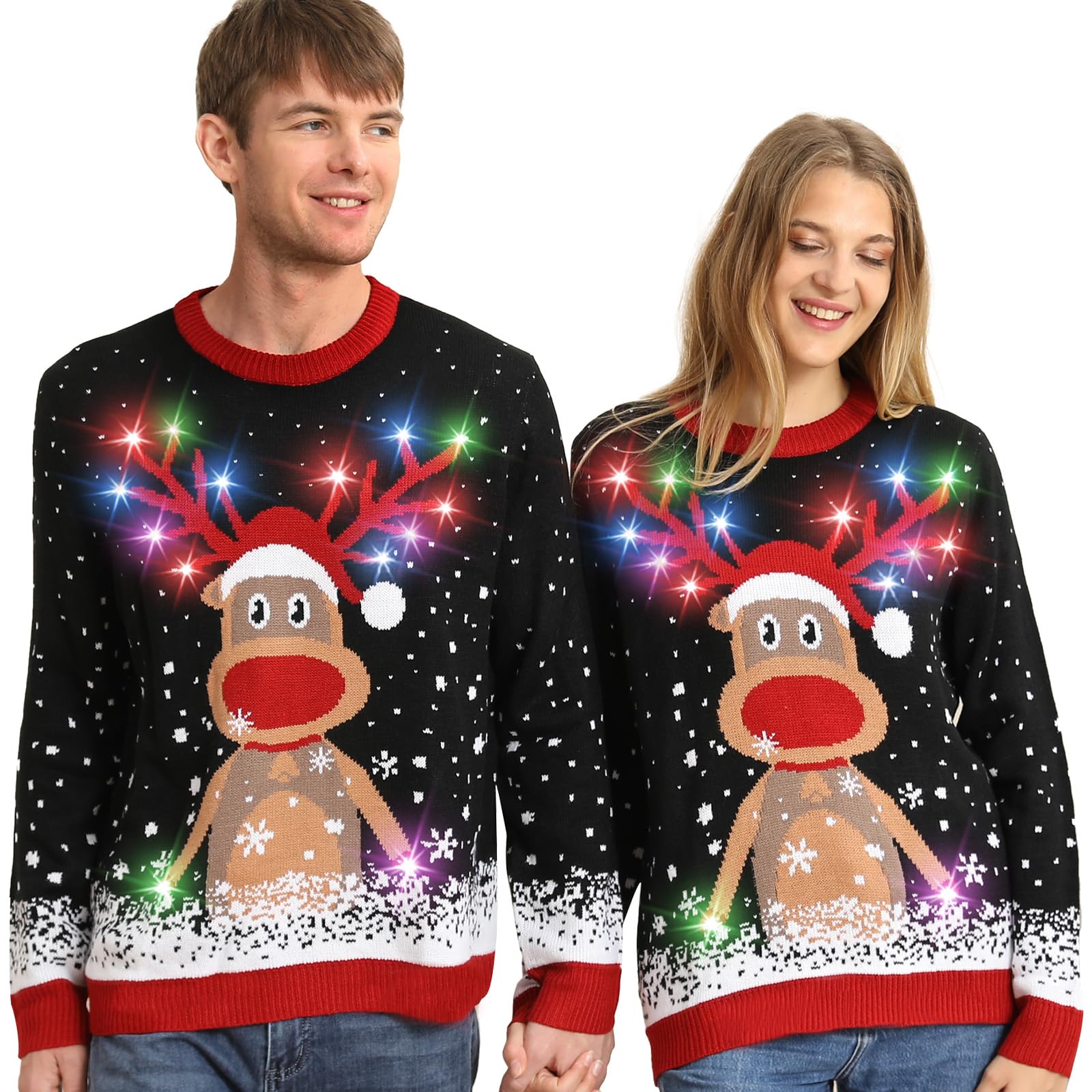 Maglione Natalizio con Luci LED, Maglioni Natalizi Famiglia Set, Brutti Maglione Natalizio Uomo Donna Ugly Christmas Sweater, Manica Lunga Maglia Natale Maglione di Natale per Coppia