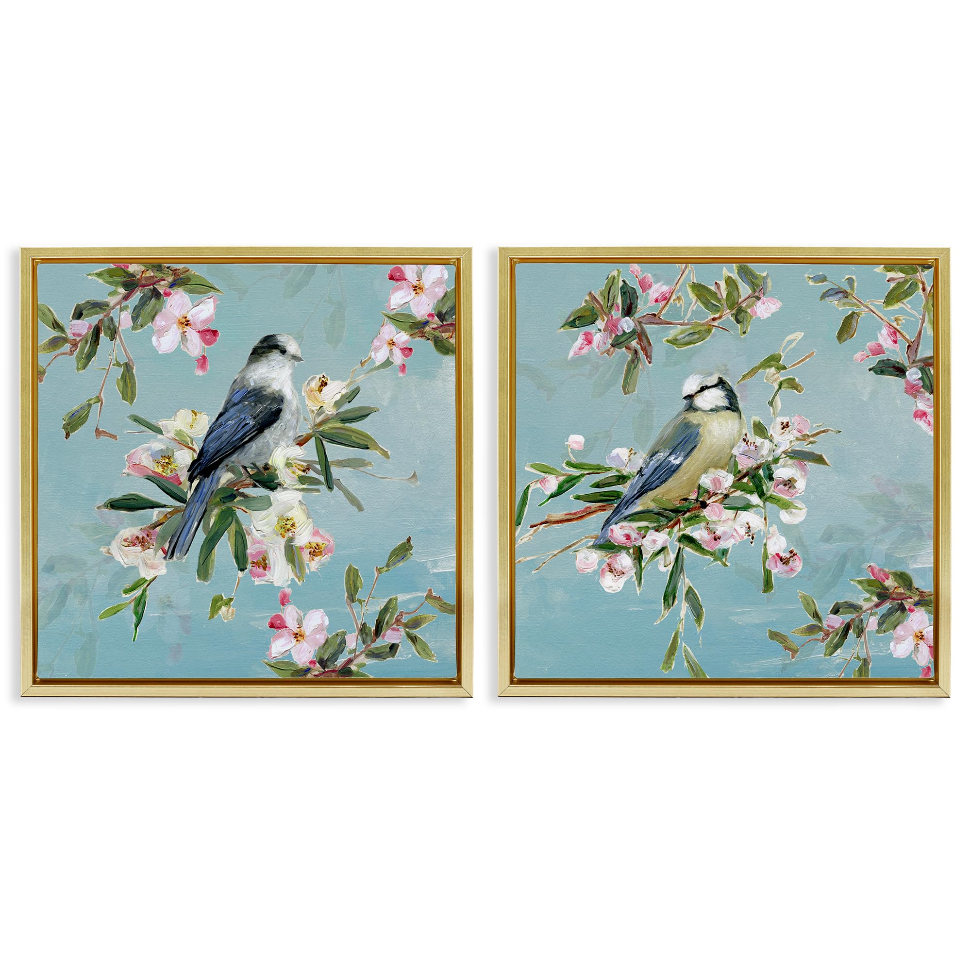 Stupell Industries Metallic Gold (Matte) 'Songbirds Among Spring Blossoms', 2Pc Floating Frame Art Set 2, Gold, 18 X 18 Inches, Easy To Hang And Sturdy, Made In Usa, By Sally Swatland