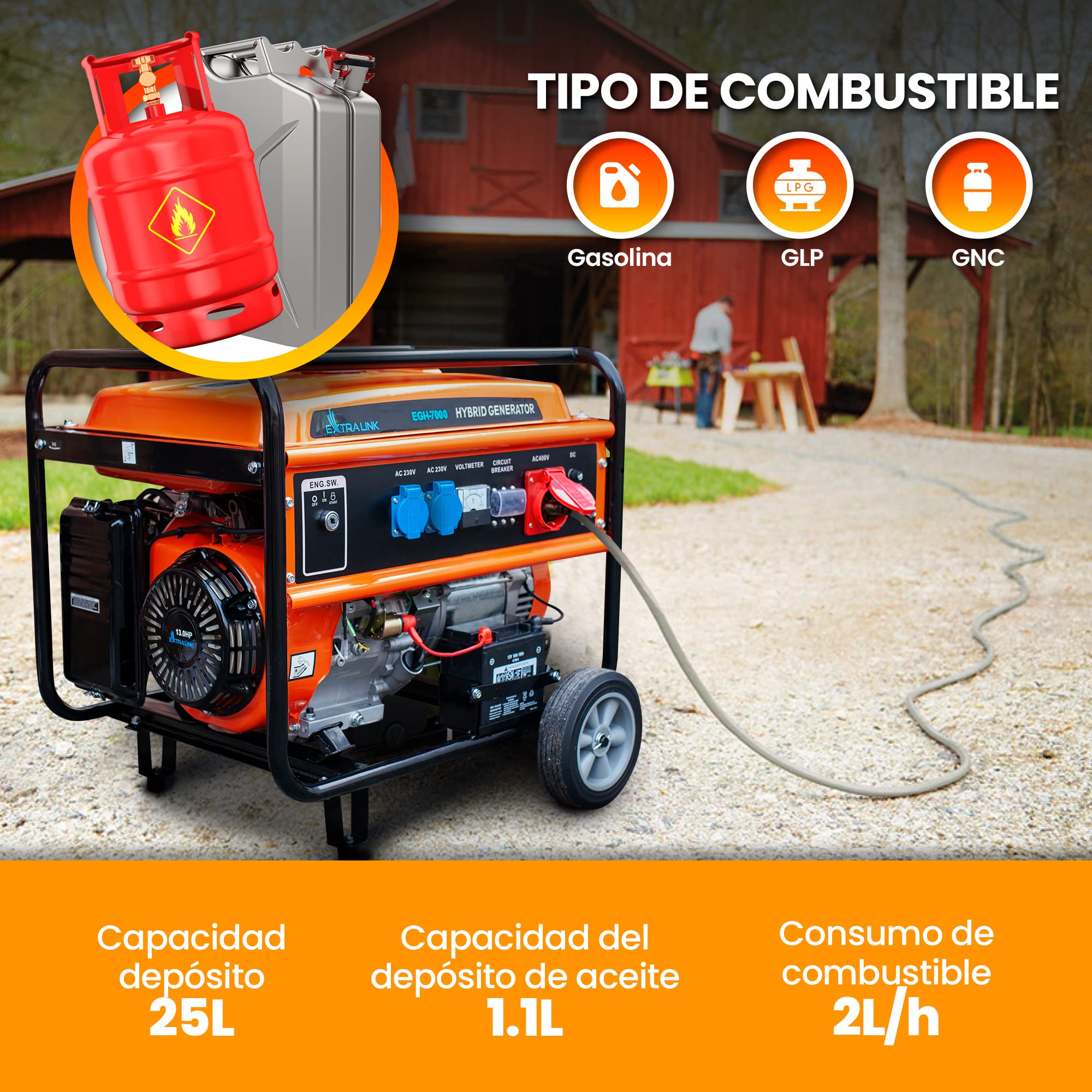 Grupo Electrógeno Híbrido, 7kW 3F, Potencia máx. 7500W, Capacidad del depósito 25L, funcionamiento hasta 11 horas, Protección contra averías/sobrecargas, Generador electrico gasolina/generador a gas