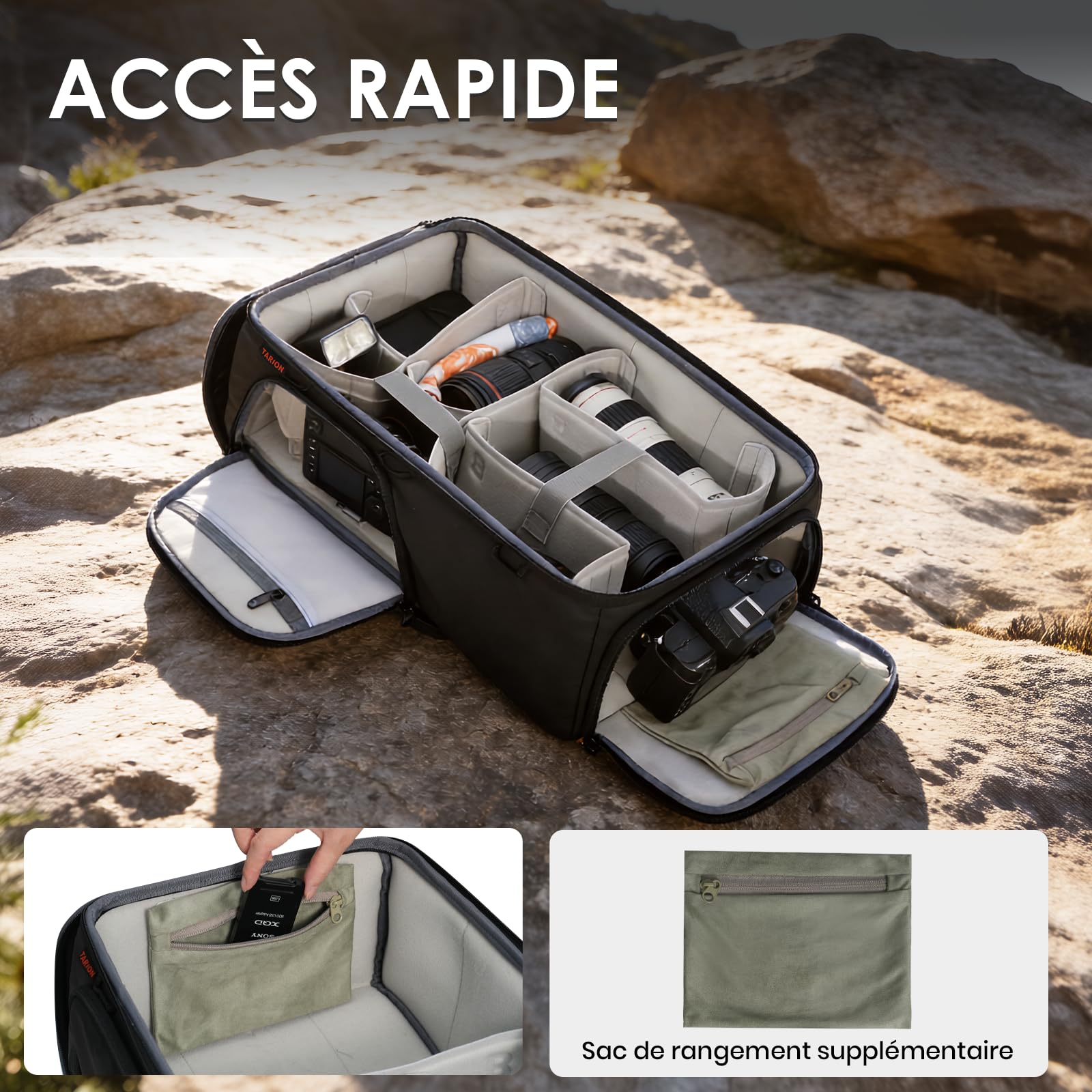 TARION Bolsillo interior para cámara de fotografía: compartimento interior para mochila, morral profesional fotográfico acolchado SLR con manta extraíble para objetivos DSLR Reflex ShellCore