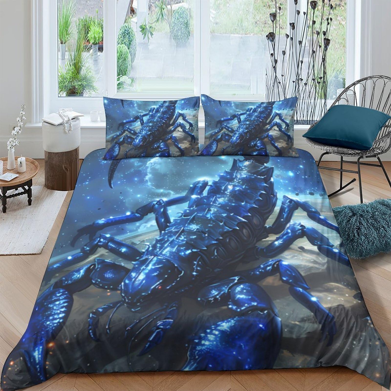 Ctjqhvkz Style-5 3D Printed Blue Scorpion Fitted Sheet Microfiber Soft Anti-Slip Cosmic Insect Mattress Cover For Bedroom Decor Single（135X200cm）