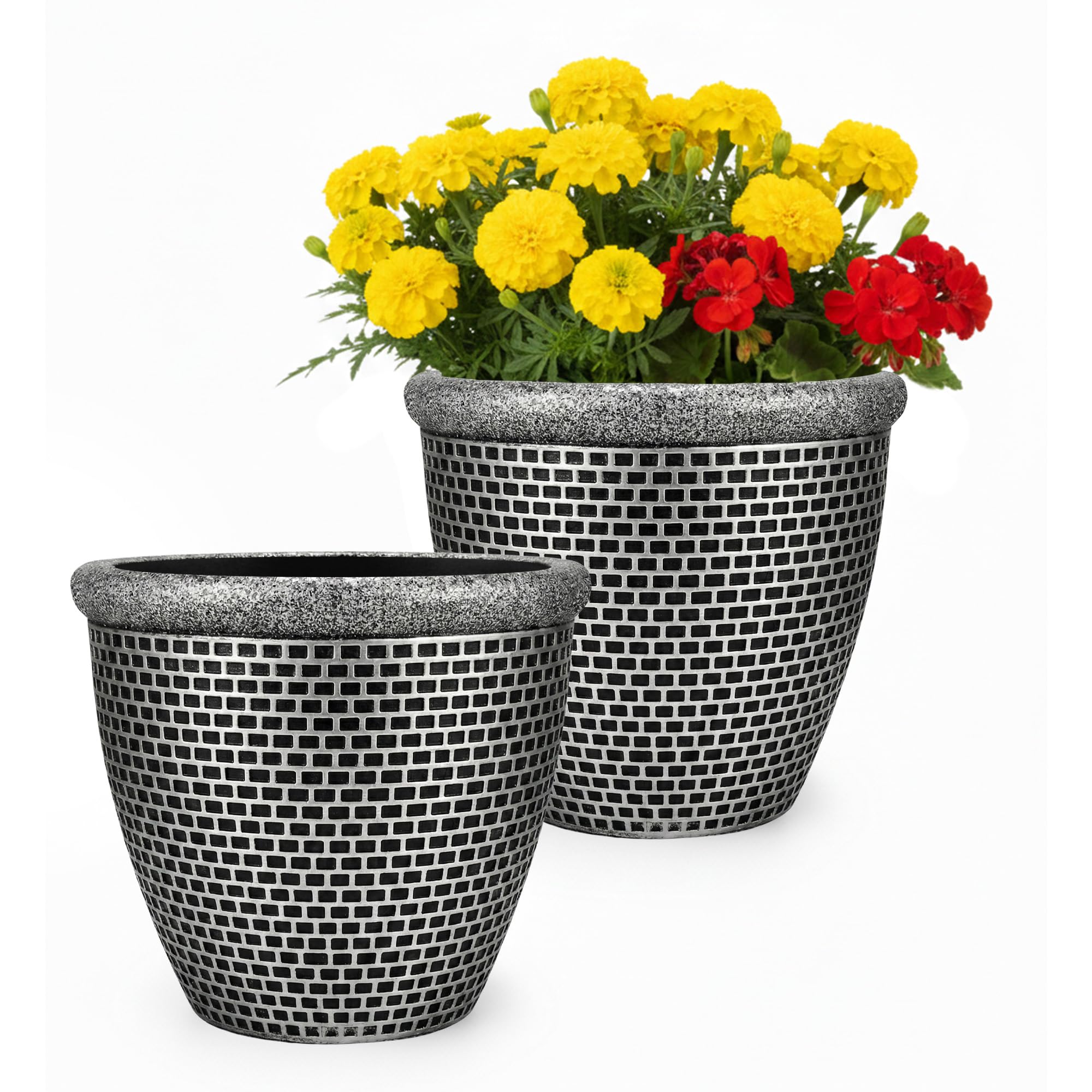 Averly Home Black Brick Style Flower Pot | 25Cm Sturdy Plastic Plant Pots | Versatile Planters Outdoor | Plant Pots Outdoor For Houseplants | Perfect Garden Planters For Healthy Plants Root | Pack Of 2
