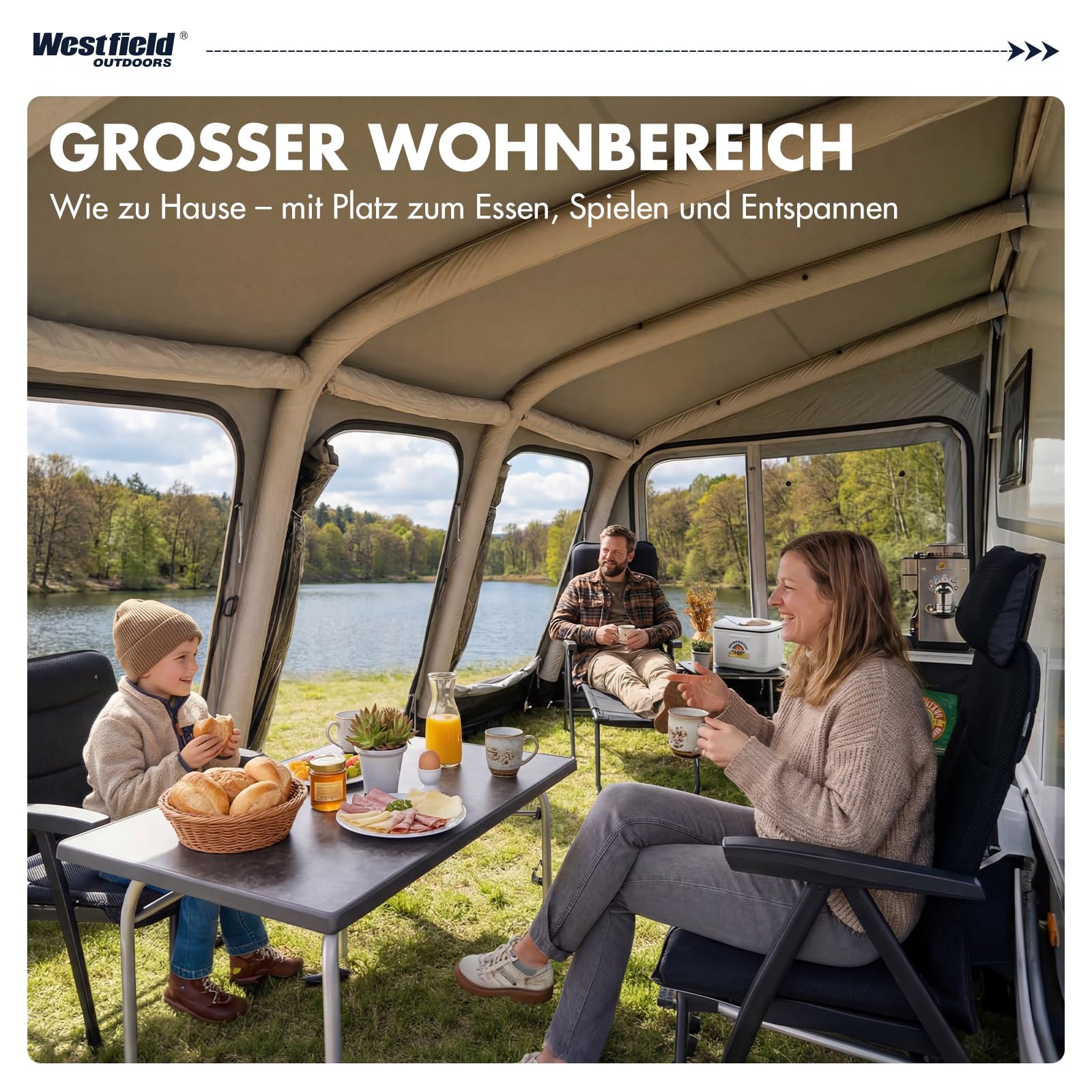 Westfield Outdoors Ceres 7, Aufblasbares Vorzelt für Wohnwagen, Höhe 235–260cm, B510 x T250 cm, 3000mm Wassersäule, UV- & windstabil, Abnehmbare Wände, EIN-Punkt-Aufblassystem, inkl. Luftpumpe