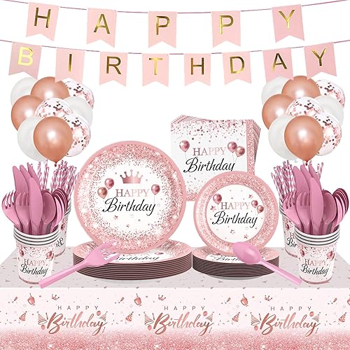 Juego de 212 platos de oro rosa rosa, servilletas, suministros para fiesta de cumpleaños, vajilla desechable de cumpleaños para niñas, juegos de