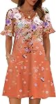 Zeagoo Robes d'été pour femmes Robe de soleil Ruffle manches courtes V Col Robe de t-shirt floral avec poches