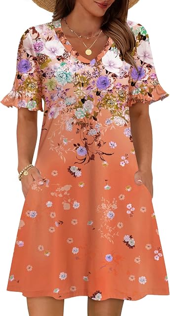 Zeagoo Robes d'été pour femmes Robe de soleil Ruffle manches courtes V Col Robe de t-shirt floral avec poches