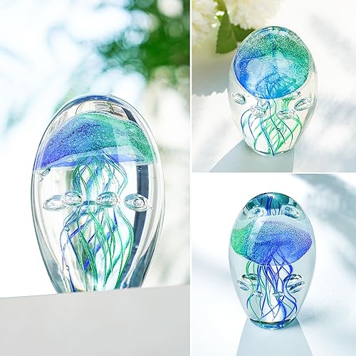 Miniatura 6 de QFkris Pisapapeles de medusas de vidrio soplado a mano, medusas en decoración de vidrio, figura de pez gelatina, decoración artística, regalos para