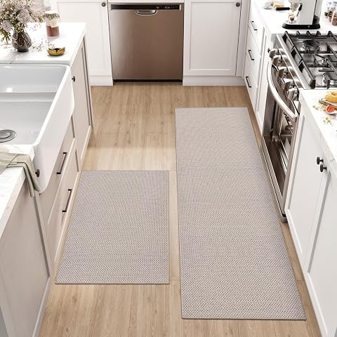 DEXI Alfombra Cocina Lavable Antideslizante, Juego de 2 Alfombrillas Absorbentes de Aceite y Agua, Alfombras Pasillo para Salón, Lavadero, 43x75cm + 43x150cm, Beige
