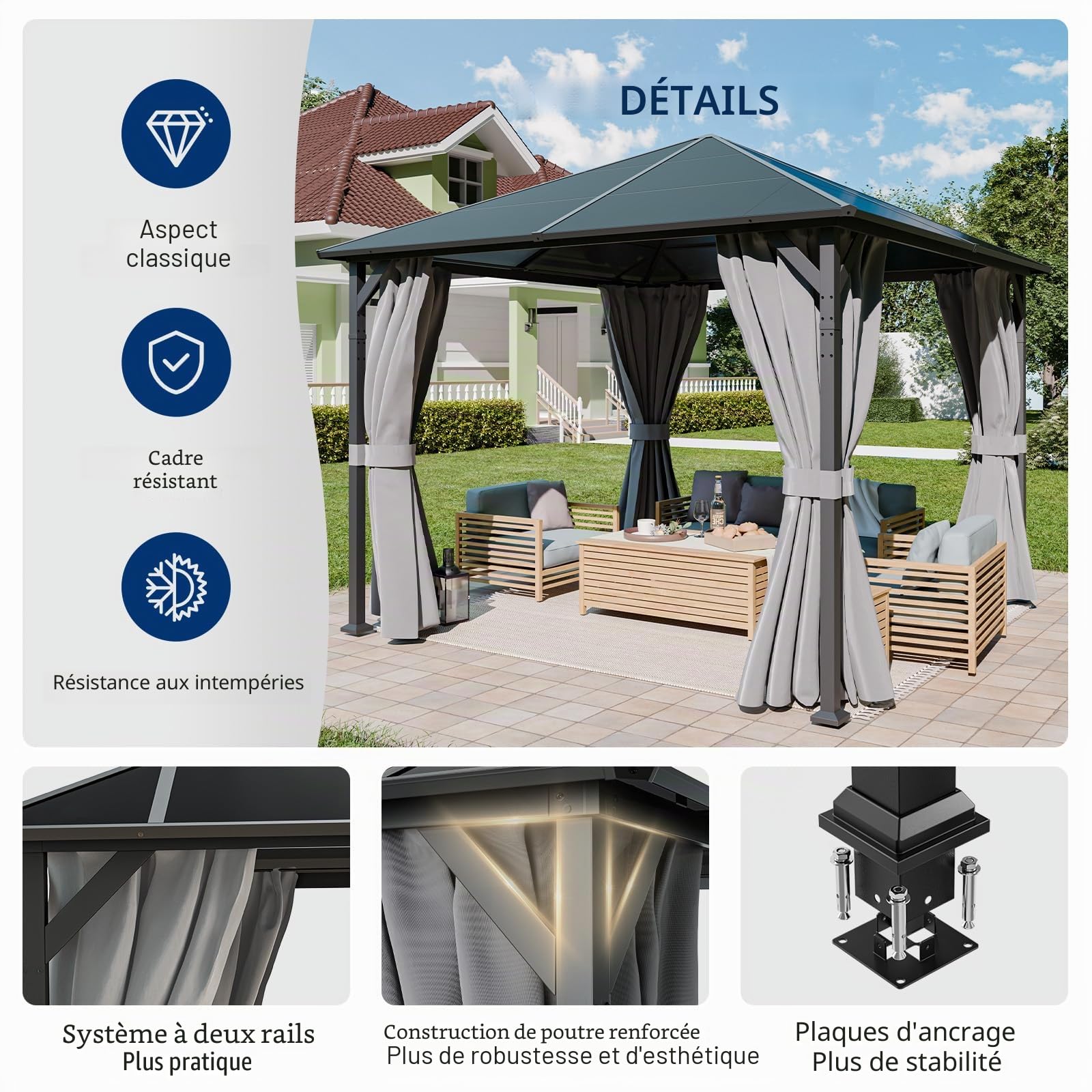 UDPATIO Tonnelle de Jardin 3x3m Imperméable - Toit UV Résistant avec Rideaux, Tonnelle Stabilisée pour Jardin, Terrasse (Gris)