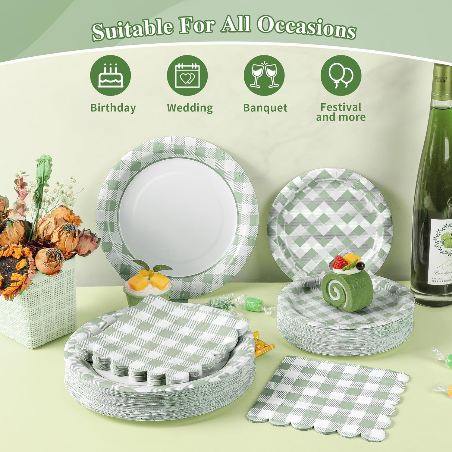 150Pcs Sage Green Gingham Party Supplies Green Gingham Paper Plates and Napkins Greeny Plaid Plates Disposable Green and White Plaid Party Decor for Birthday Family Picnic BBQ Party,Serves 50 Guests - Image 3