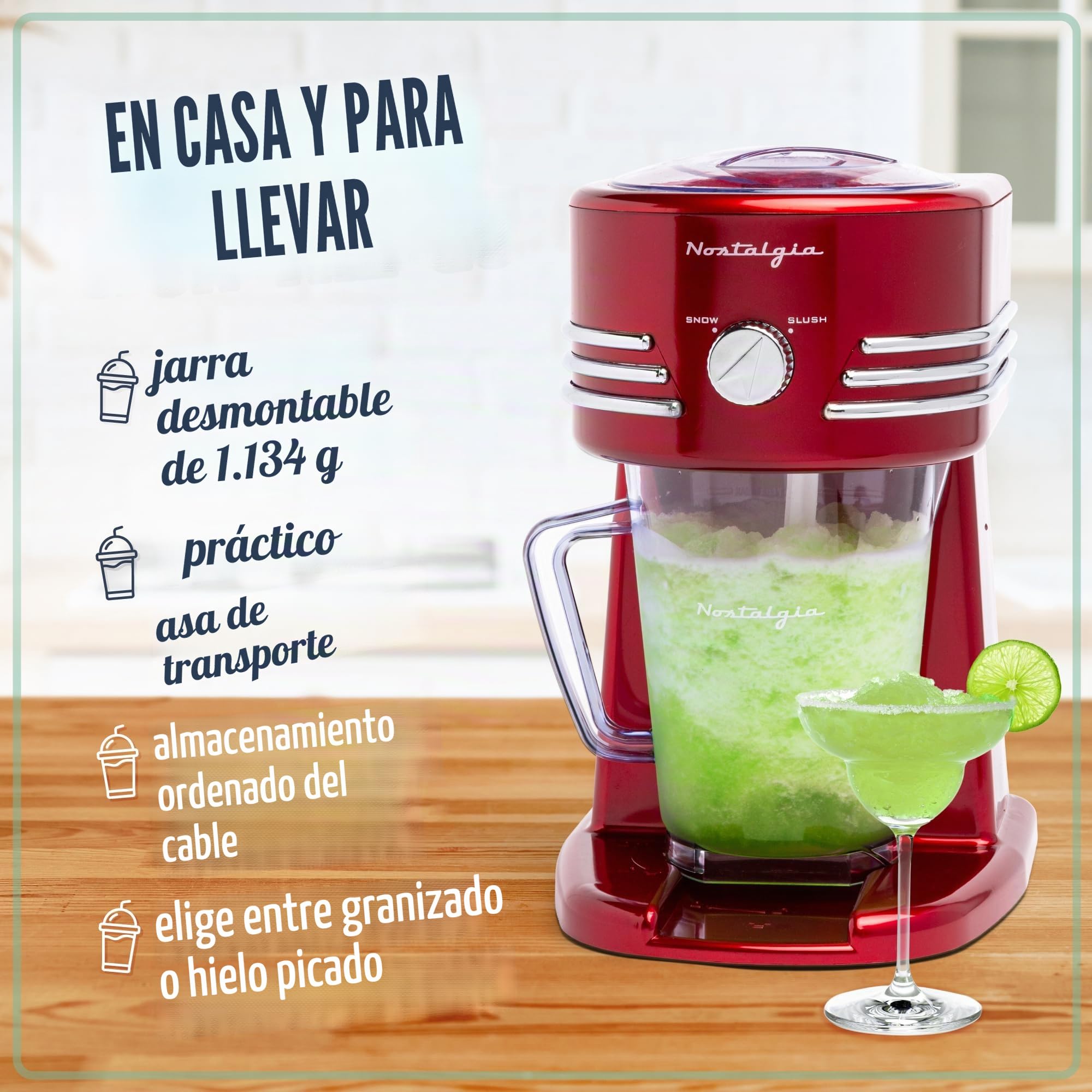 Nostalgia Estación de Bebidas Congeladas de 1,2 Litros Perfecta para Granizados, Copos de Nieve, Margaritas, Daiquiris, Cuchillas de Acero Inoxidable, Almacenamiento del Cable, Rojo Retro