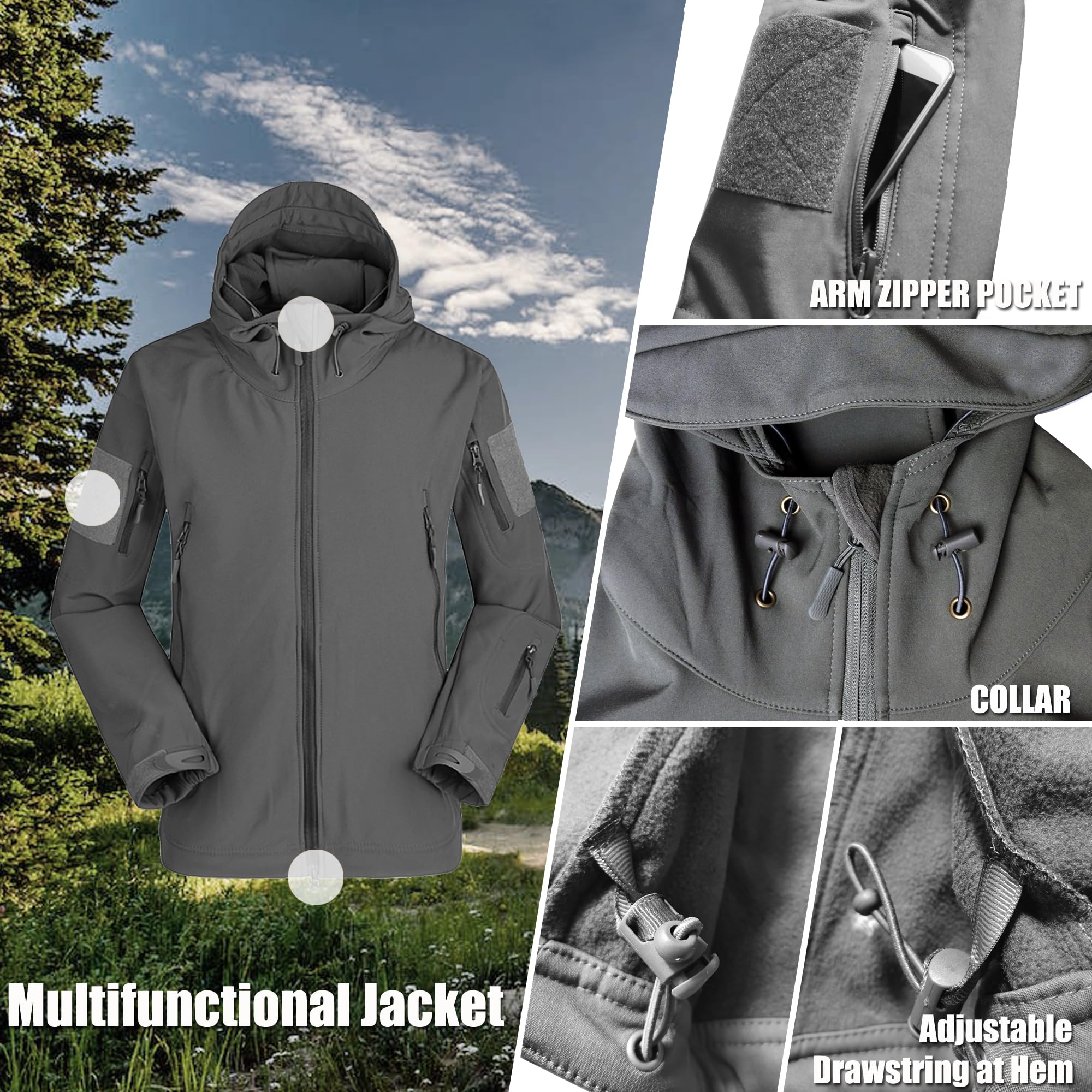 Kelmon Uomo Tattico Softshell Giacca Multifunzionale Outdoor Camouflage Militare Pile Fodera Impermeabile Antivento Calda Cappuccio Cappotto
