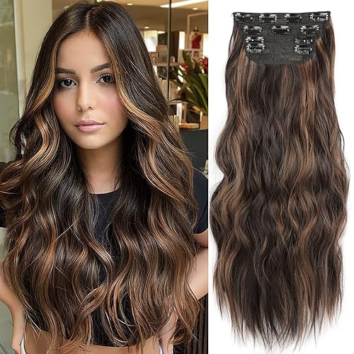 Extensiones de cabello sintético con reflejos, 24 pulgadas, color marrón oscuro, extensiones de cabello sintético largo y ondulado con clip,