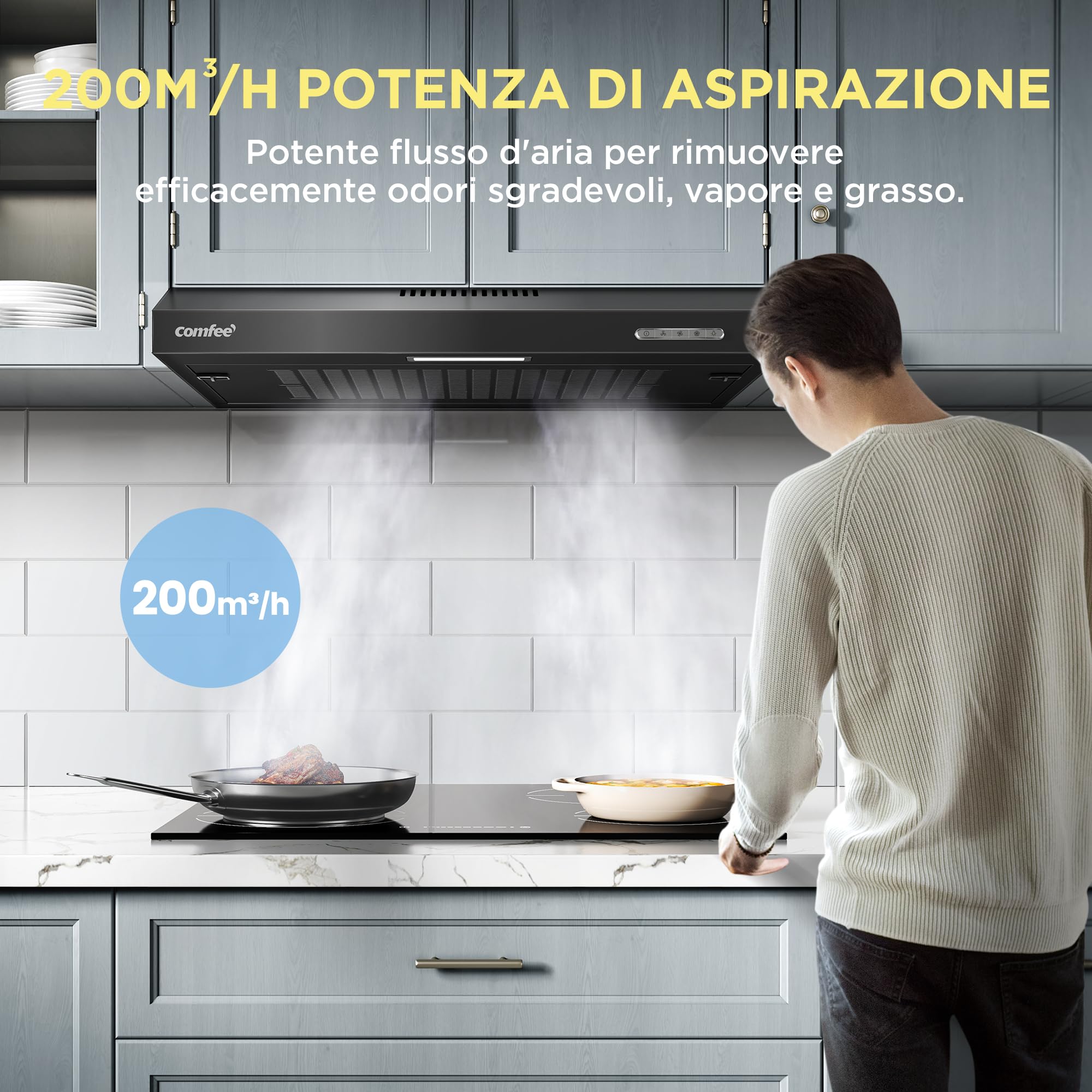 COMFEE' Cappa Aspirante 60 cm SLIF17B-60 A LED Sottopensile Aspiratore A Parete Aspirazione Superiore 600 mm - Nero