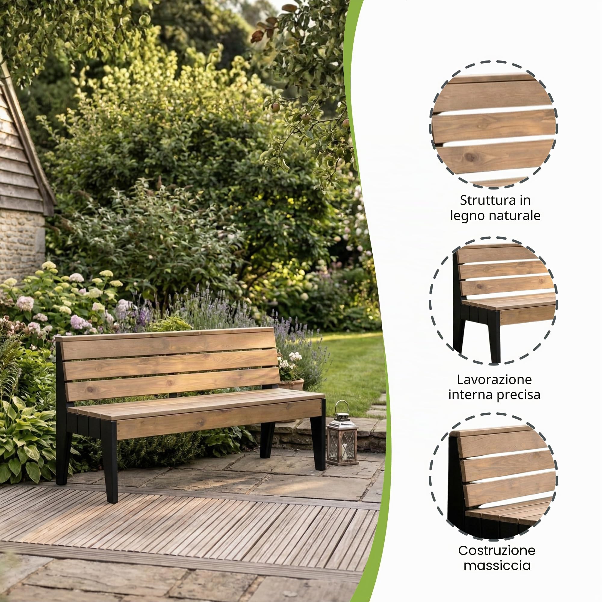 Panca da giardino da 150 cm, panchina da esterno in legno FSC/PEFC | resistente alle intemperie, con schienale e gambe nere, moderno mobile da balcone per terrazza, ingresso, SG SiestaGarden