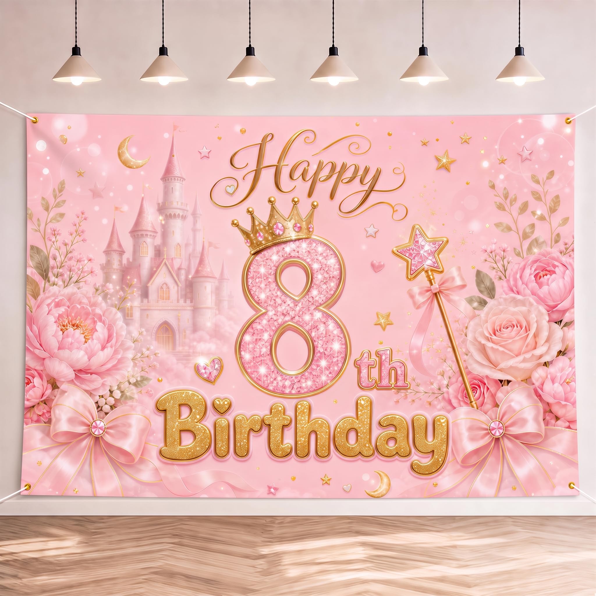 Geukmun Happy 8th Birthday Banner Backdrop for Girls Decorations 150x100cm