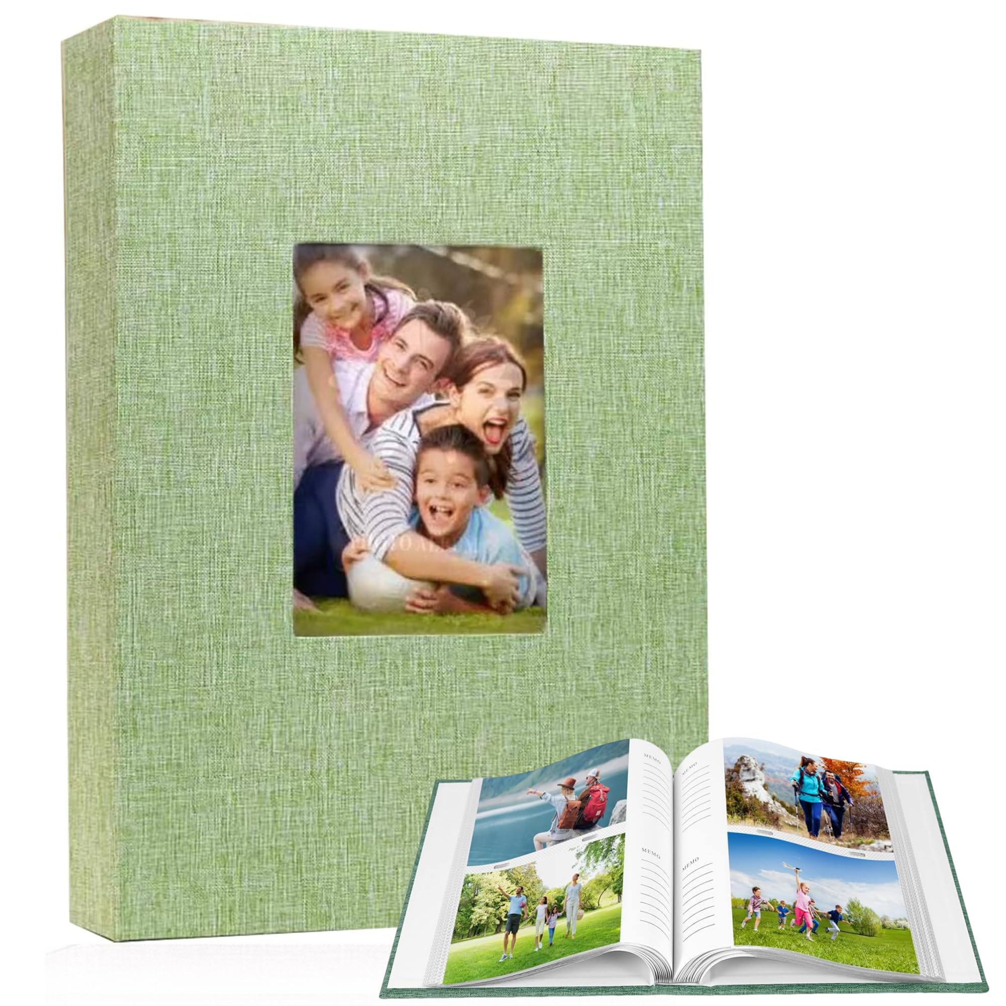 Photo Album 6x4 Holds 300 Photos - Premium Linen Cover with Display Window | Acid-Free Archival Quality for Wedding, Family & Baby Memories | Personalised Gift (Light green)