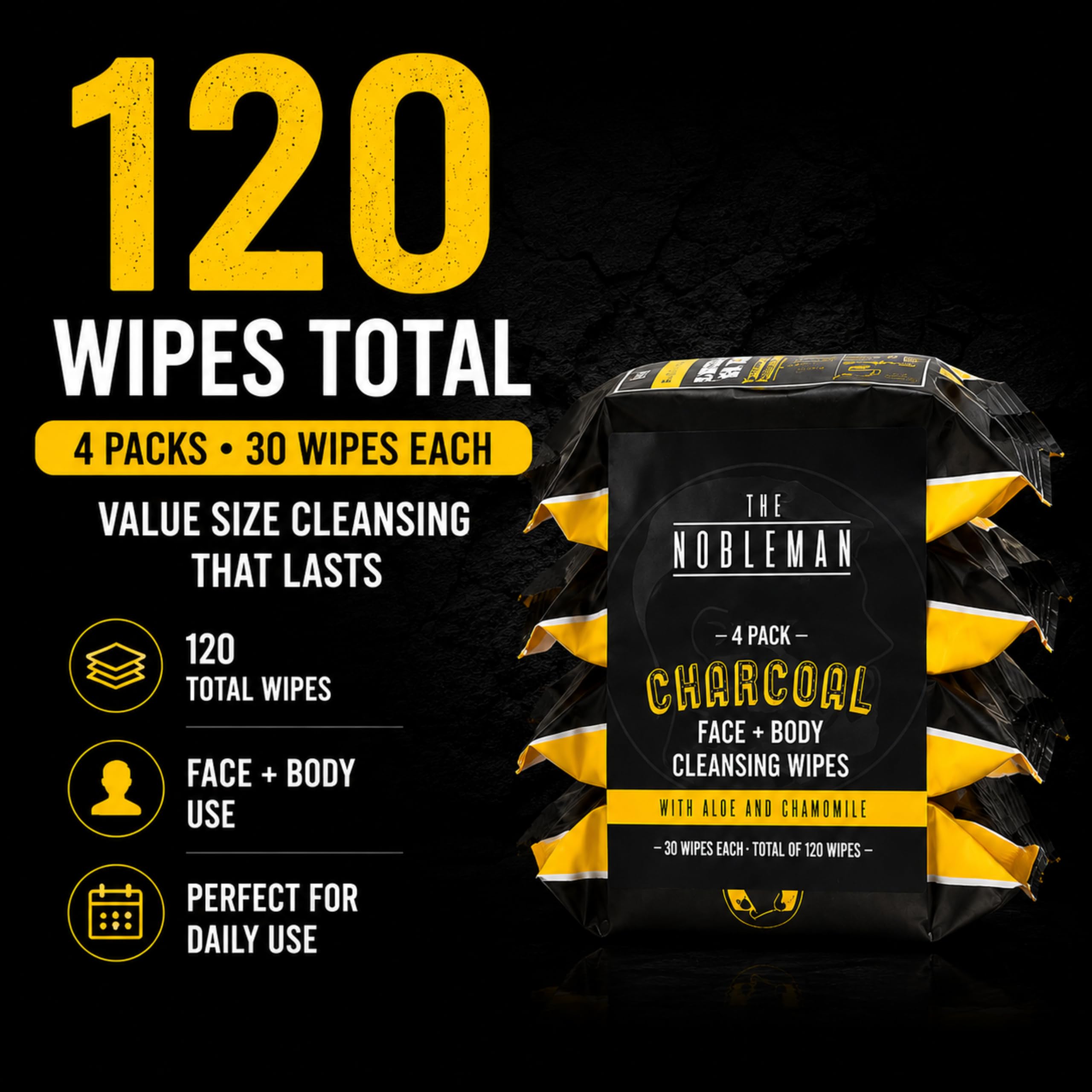 Lot de 4 lingettes nettoyantes pour le visage et le corps au charbon de bois pour homme (120 pièces)