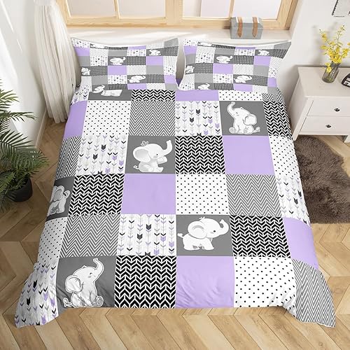 Bonita funda de edredón de elefante, juego de ropa de cama con diseño de rayas geométricas para niños, color morado, gris, blanco, para decoración