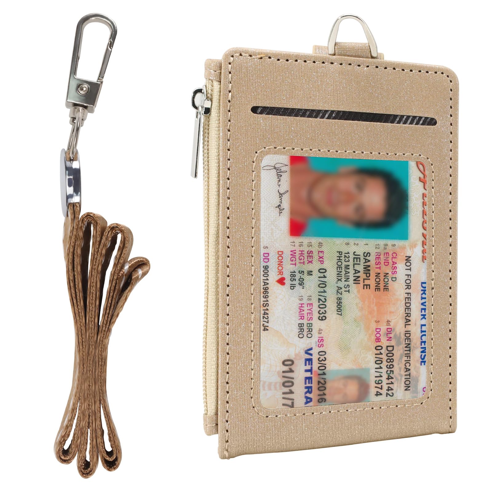 ID Badge Holder with Zip Pocket, Leather TD Card Holder with Lanyard