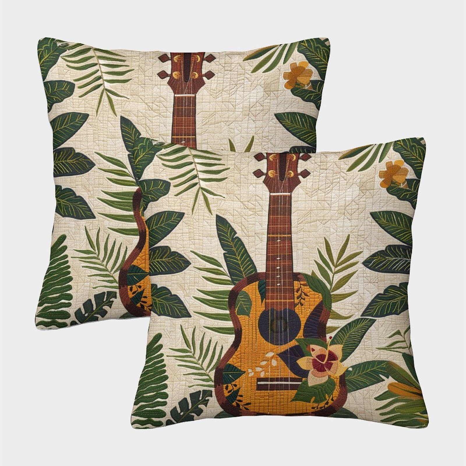 kaiyun 2 Pack Ukulele-Hawaiian Motif Pillow Case 45x45cm 3D Printing Cushion Cover,home Decoration Sofa Cushion