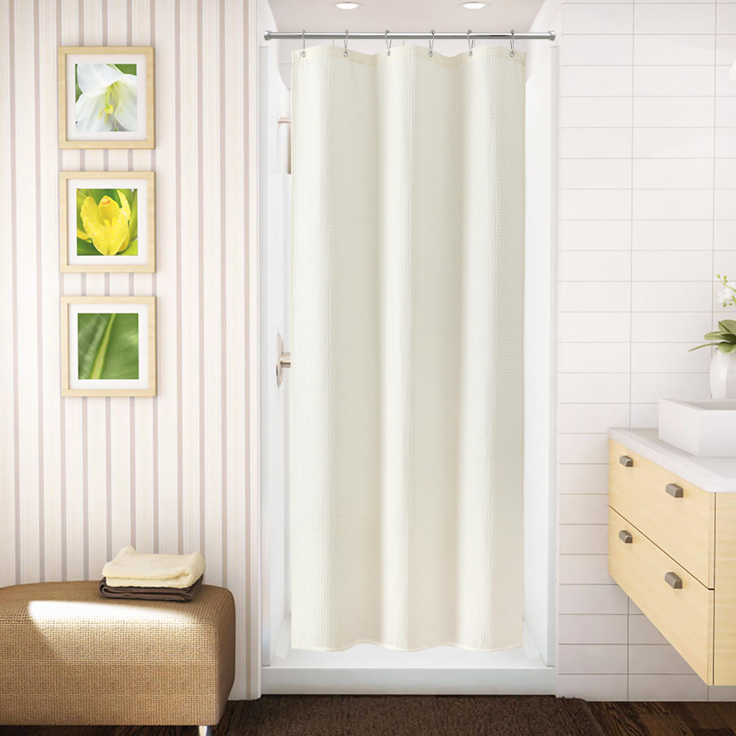 Tenda da Doccia per Bagno con Ganci in Metallo Tenda da Doccia in Tessuto Waffle Resistente per Vasca da Bagno, Resistente All'acqua - 92 x 182 cm (Crema)