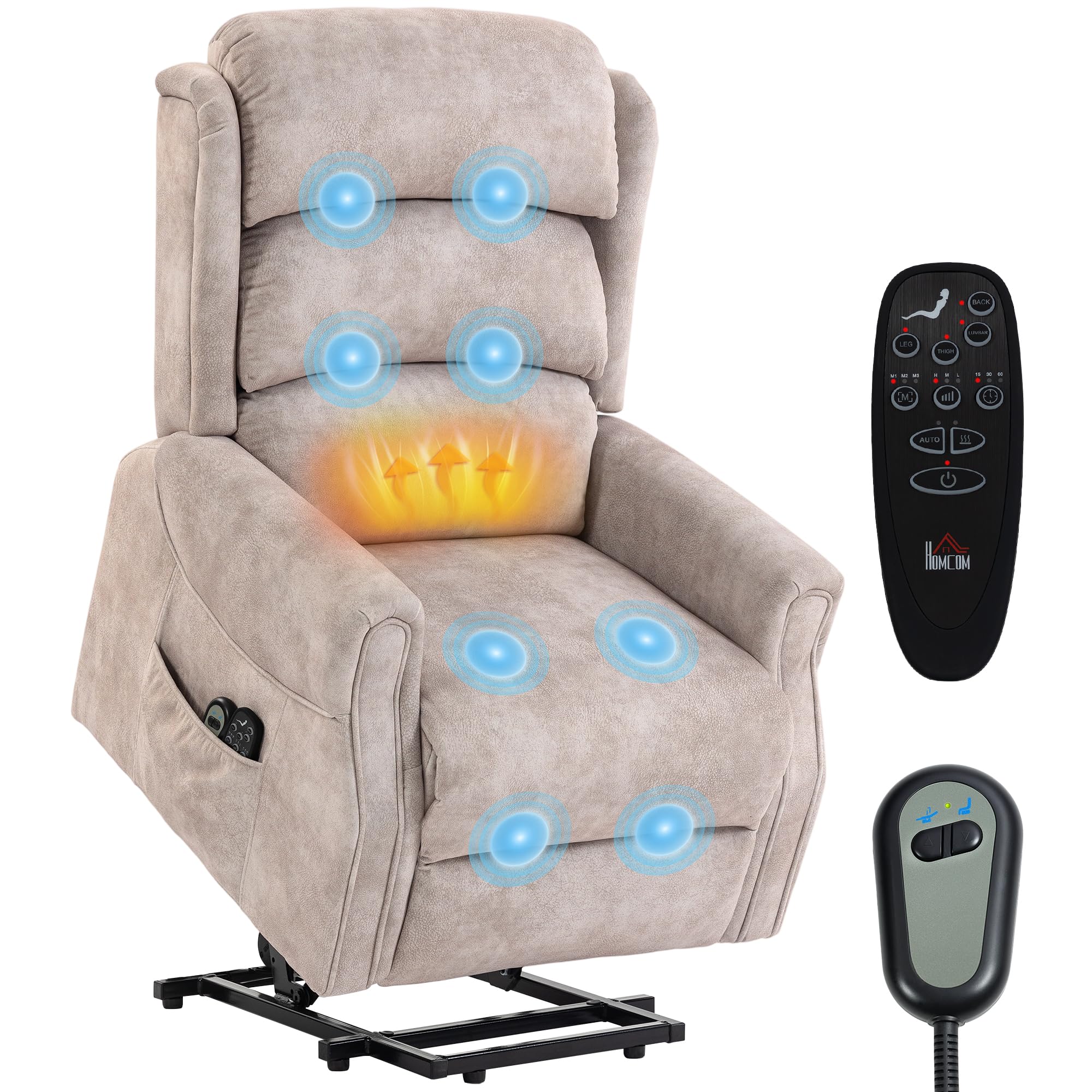 HOMCOM Poltrona sollevatore elettrico massaggio vibrazione e calore poltrona relax elettrica velluto schienale reclinabile cuscino a molle tasche laterali telecomando poggiapiedi facile montaggio