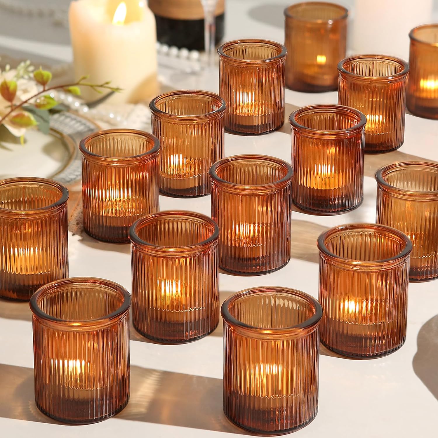 36pcs Amber Votive Candle Holders, Ribbed Glass Tea Light Candle Holder, Candle Votives for Wedding Centerpiece & Home Decor