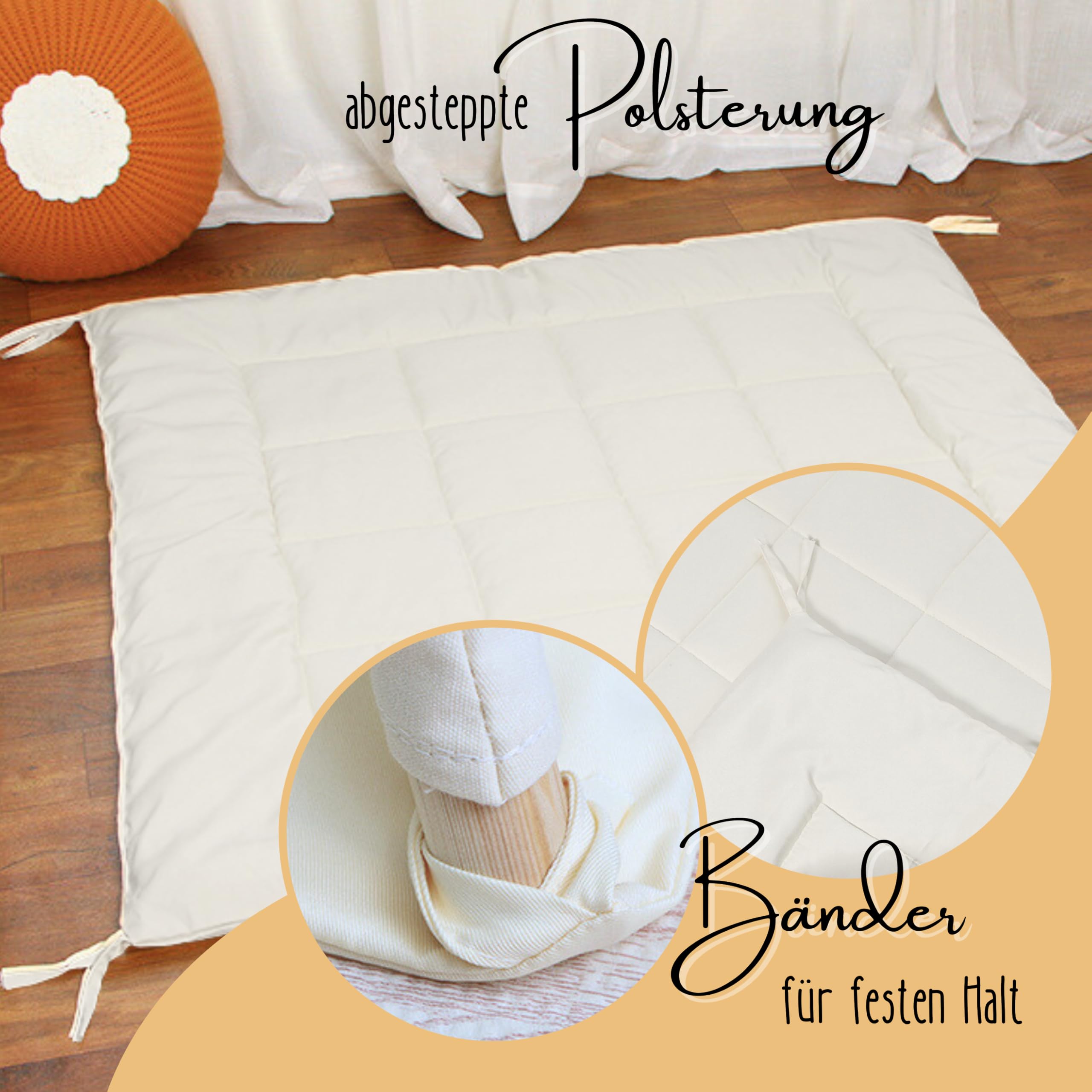 LIONHERZ® Tappetino Tipi con nastri, 120 x 120 cm, coperta imbottita per tenda da gioco/casetta dei giochi, morbida coperta quadrata per bambini, inserto trapuntato/base per legare (bianco brillante)