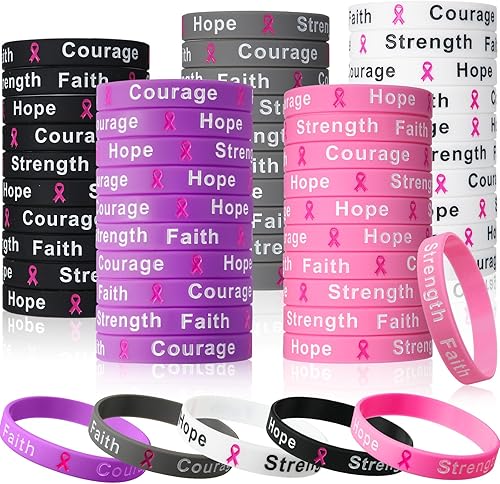 Kigeli 100 pulseras de silicona con cinta rosa para concienciación sobre el cáncer de mama, pulsera de apoyo inspiradora para suministros de fiesta