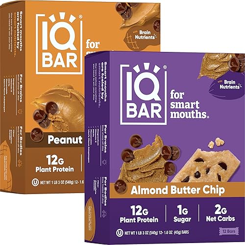 IQBAR Barras de proteína Keto Brain and Body – Chips de mantequilla de maní y mantequilla de almendras – 12 barras energéticas – Barras de proteína