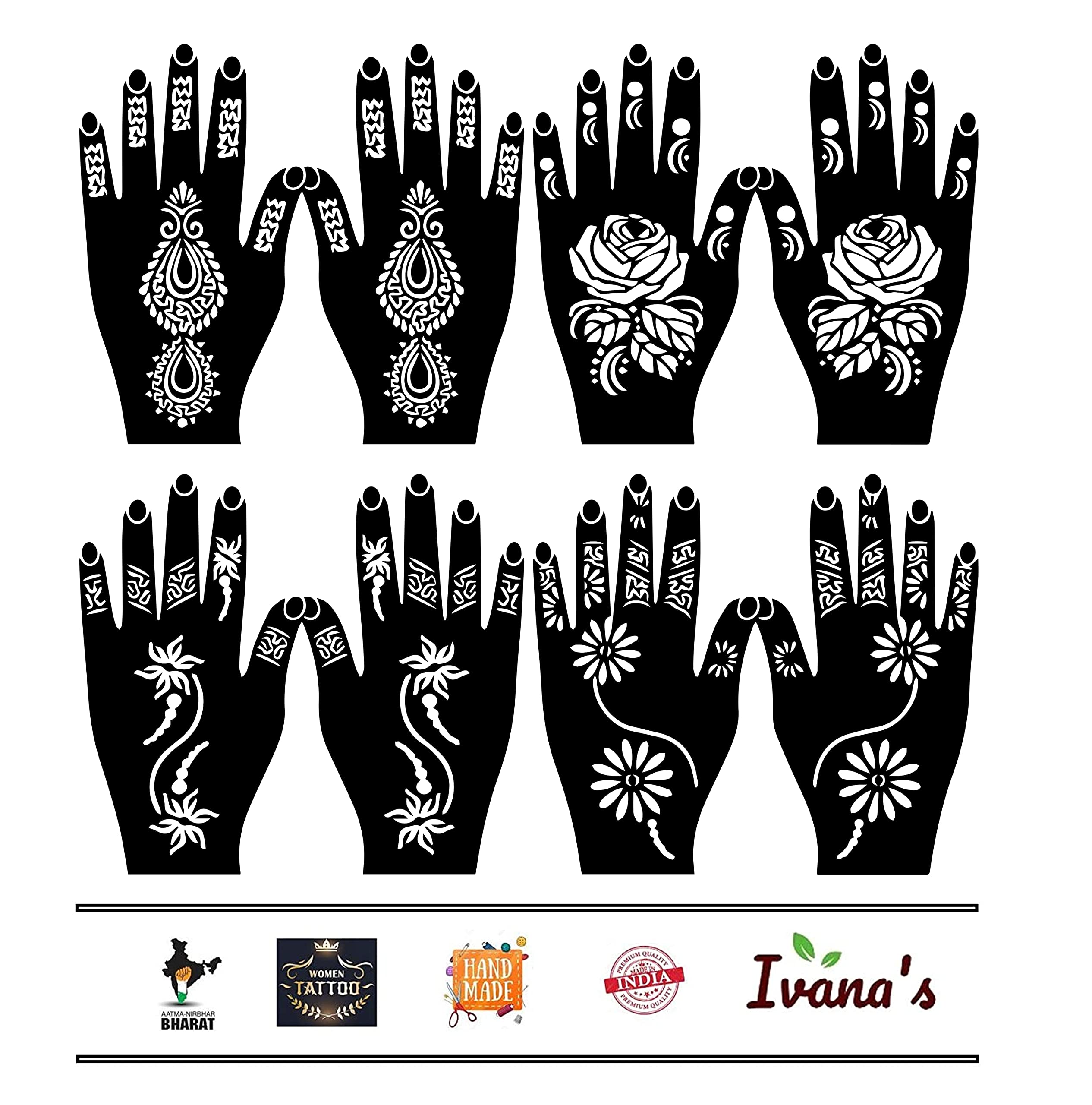 Ivana's Set of 8 Henna Tattoo Stencil | Mehandi Stencils Tatto for Women, Girls & Kids | Hand Design | Temporary Tattoo - M-35-image-22