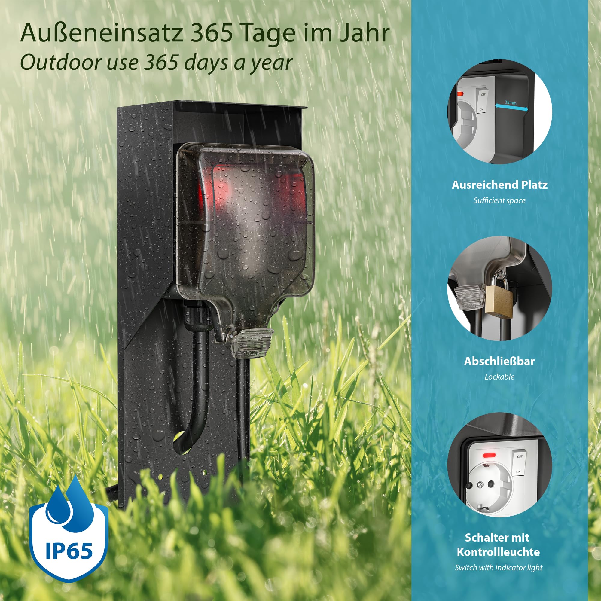 ledscom.de Colonnina con presa da giardino POXO (2 pezzi) con picchetto da terra per esterni, IP65, a 1 presa, acciaio inossidabile, nera, squadrata, 40 cm