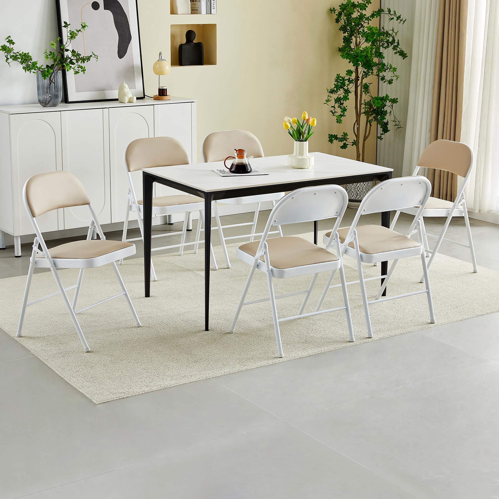 McC Direct Lot de 6 chaises pliantes en cuir synthétique, cadre en métal et siège rembourré, facile à plier et à ranger pour la maison, le bureau, la salle à manger et la réception (beige)