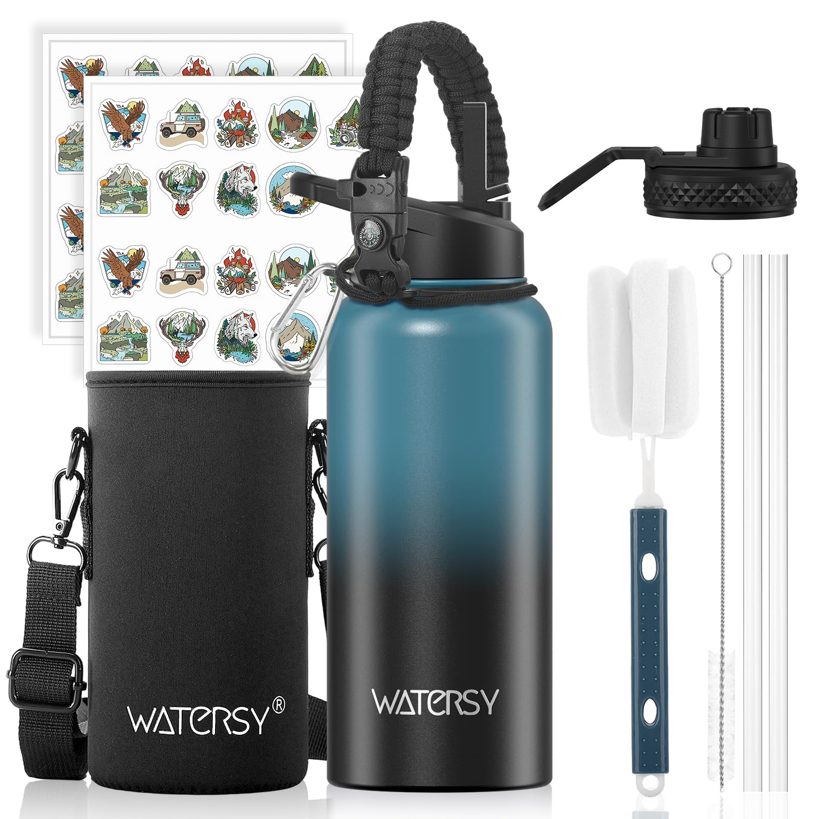 WATERSY Isolierte Edelstahl Trinkflasche 32oz Vakuumisolierte Thermosflasche mit 2 Deckel Auslaufsichere Wasserflasche 946 ml Doppelwand Flasche Metall Sport für Sport, Schule, Fitness