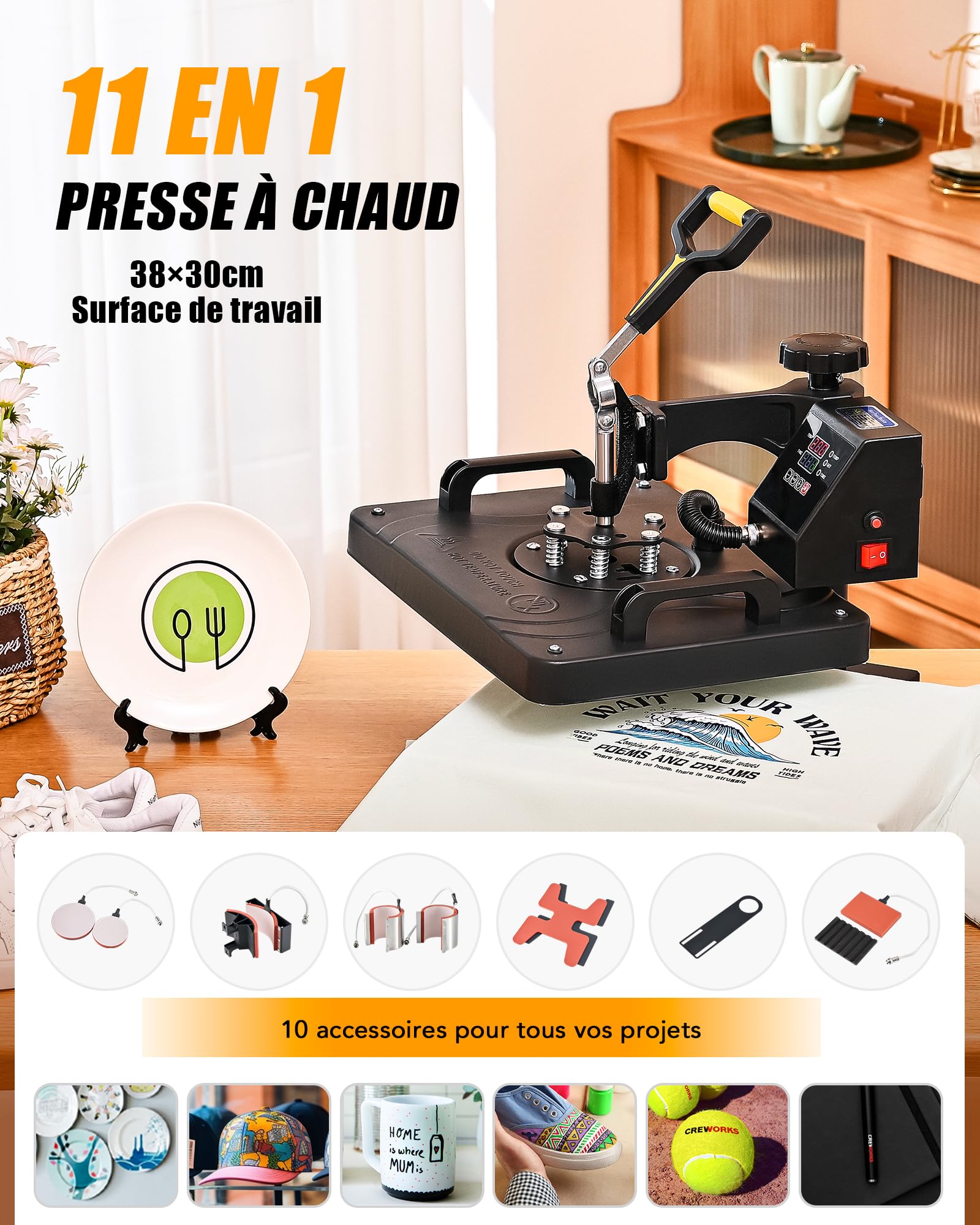 CREWORKS 11 en 1 Presse à Chaud 38x30cm Machine Transfert de Chaleur Polyvalente 1250W avec Panneau de Contrôle Digital pour T-Shirt Mug Chapeau Assiette Casquette Chaussure Stylo Baseball