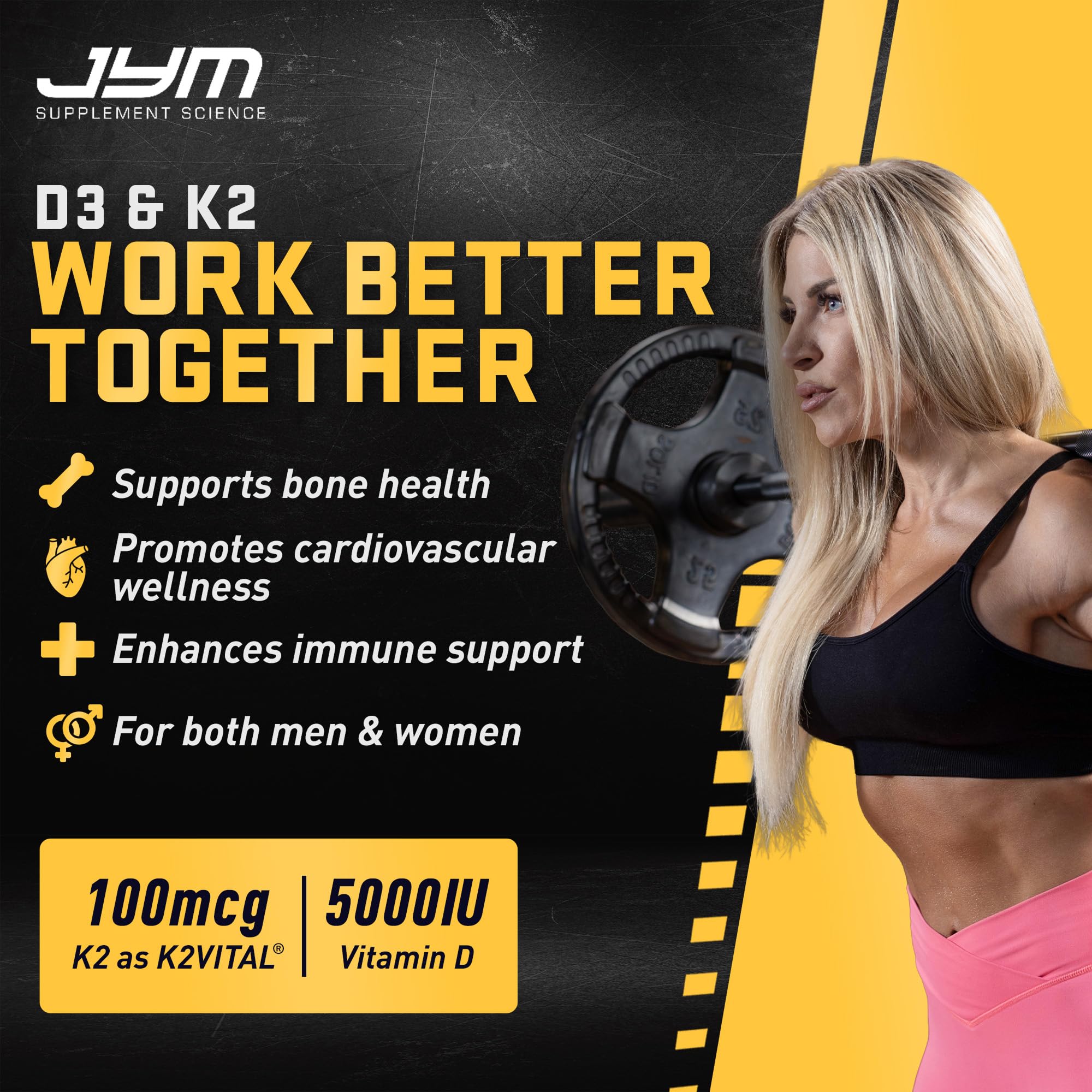 JYM D3 + K2 Supplement, 5000 IU Vitamin D3, 100 mcg K2 MK7-60 Veg Caps — Amazon image 3