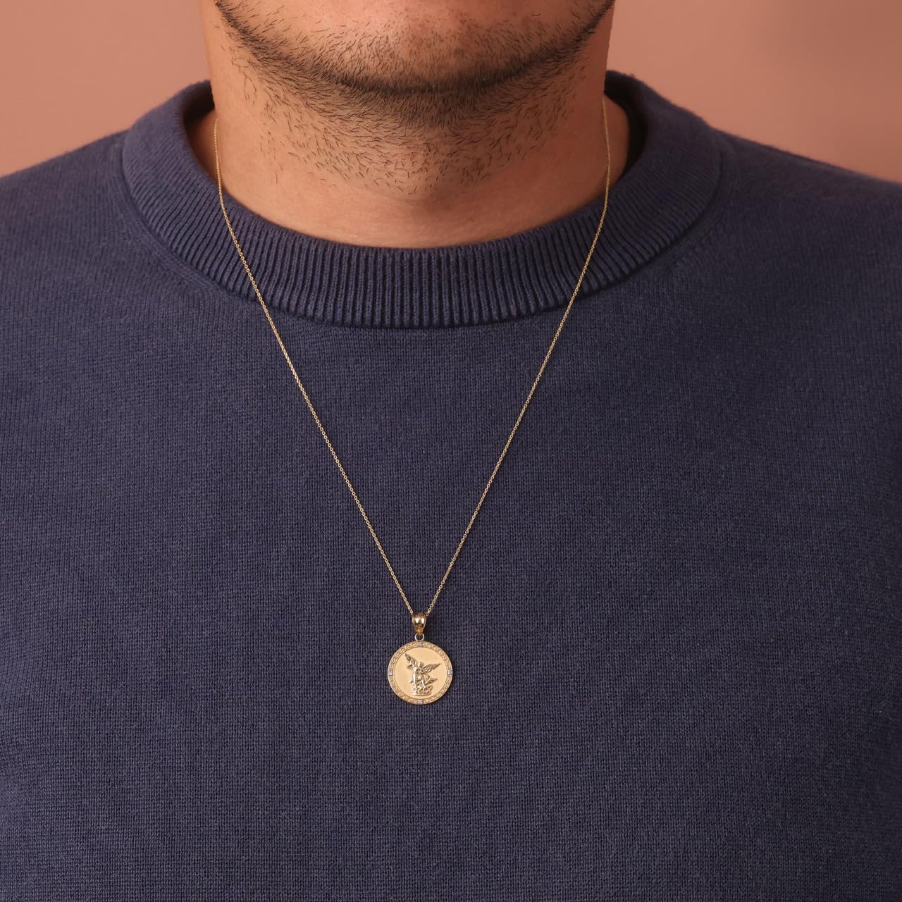 14k Gold Saint Michael The Archangel Diamond Medal Necklace (1"), 22"