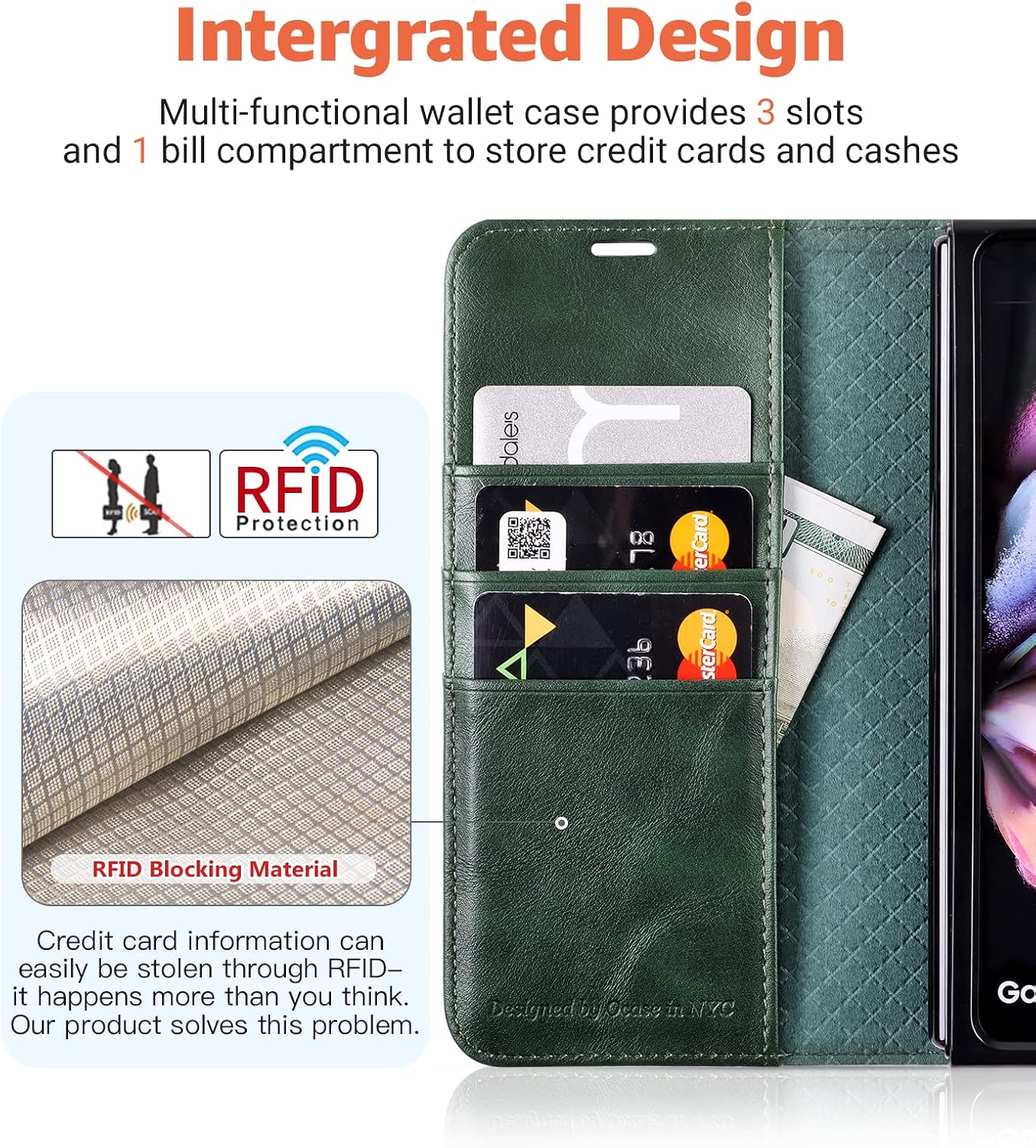OCASE Compatible with Galaxy Z Fold 3 5G Wallet Case with S Pen Holder, PU Leather Flip Folio Case with Card Slots RFID Blocking Kickstand Phone Cover for Z Fold3 5G (2021) - Blackish Green
