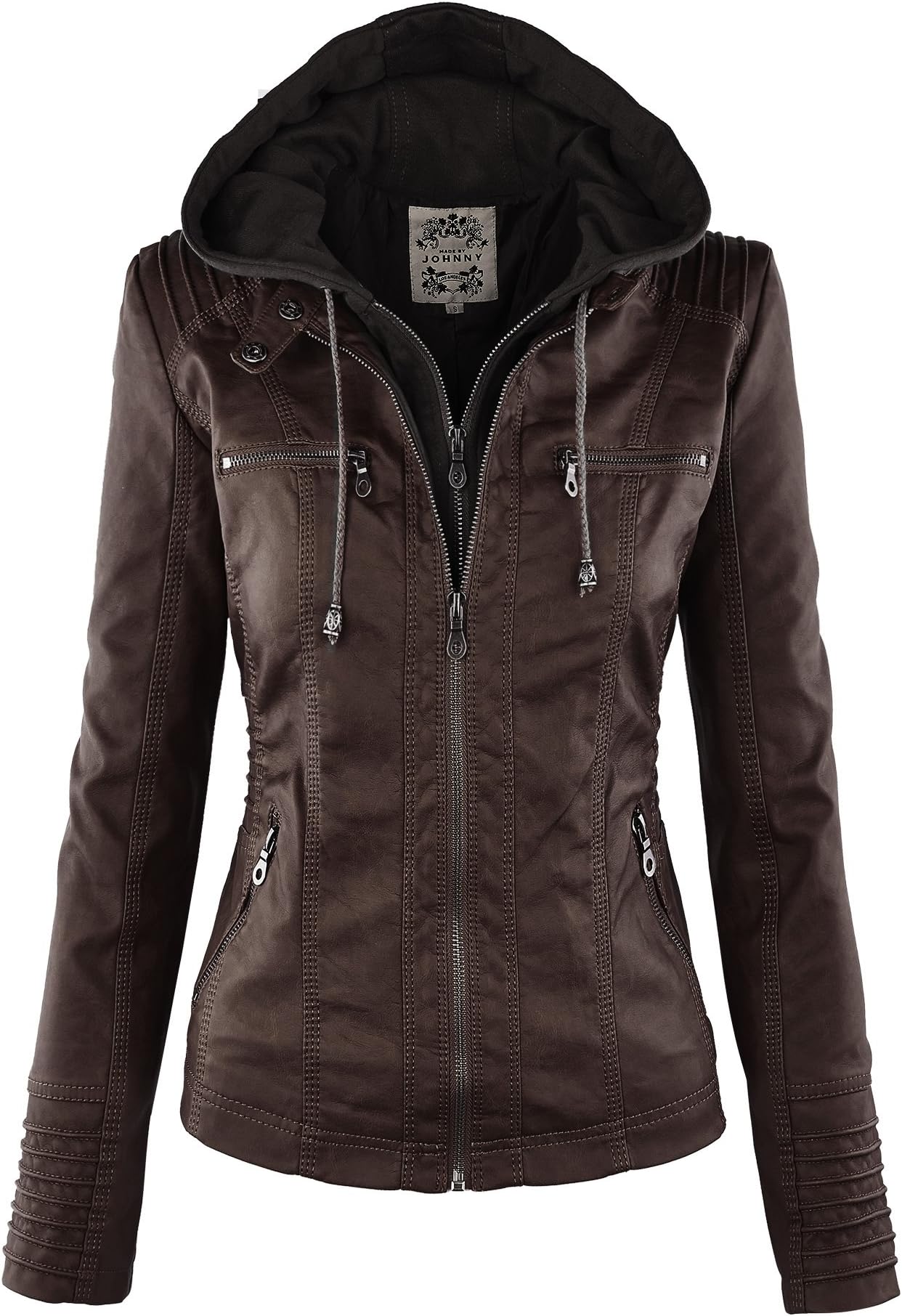 Made By JohnnyFaux Leather Jacket Women Motorcycle Coat for Biker with Removable Hood
