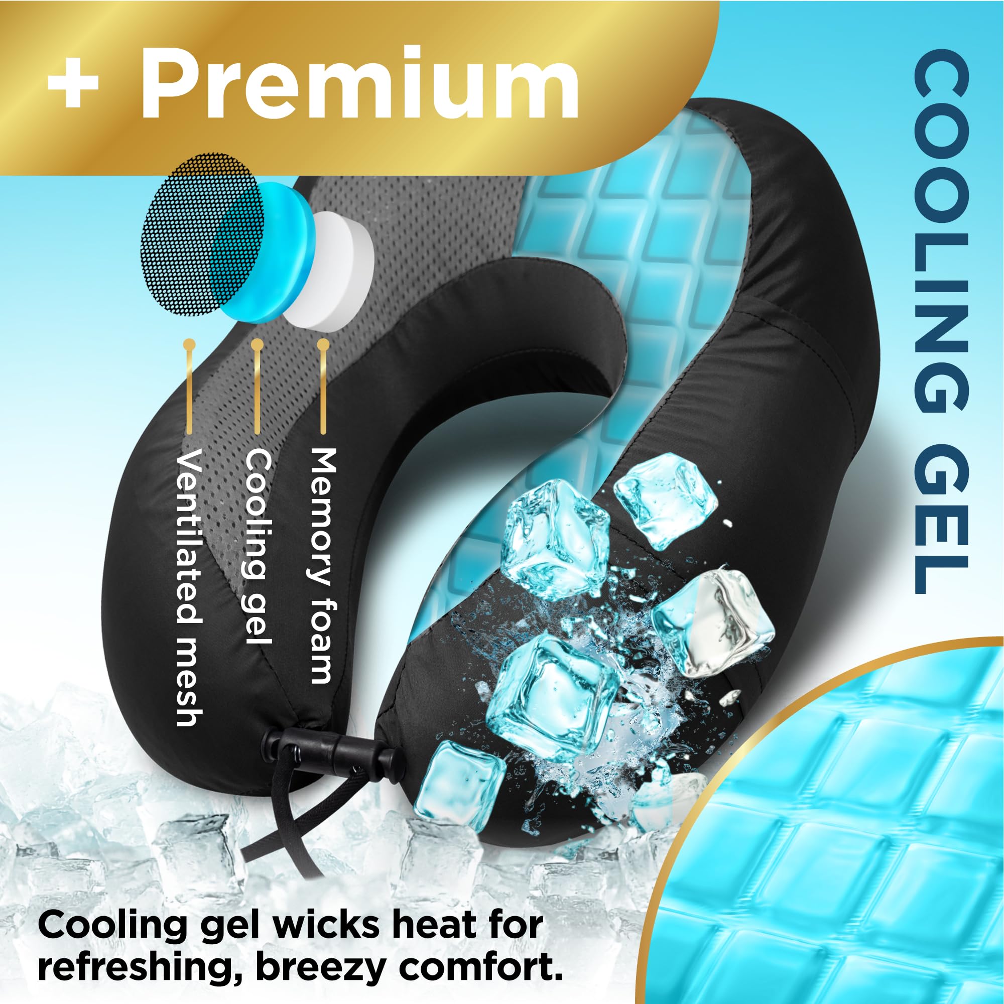 BLACK+DECKER Cuscino cervicale rinfrescante in memory foam, cuscino da viaggio per aereo, auto e treno, supporto ergonomico per il collo, memory foam a rimbalzo lento, fodera lavabile, misura