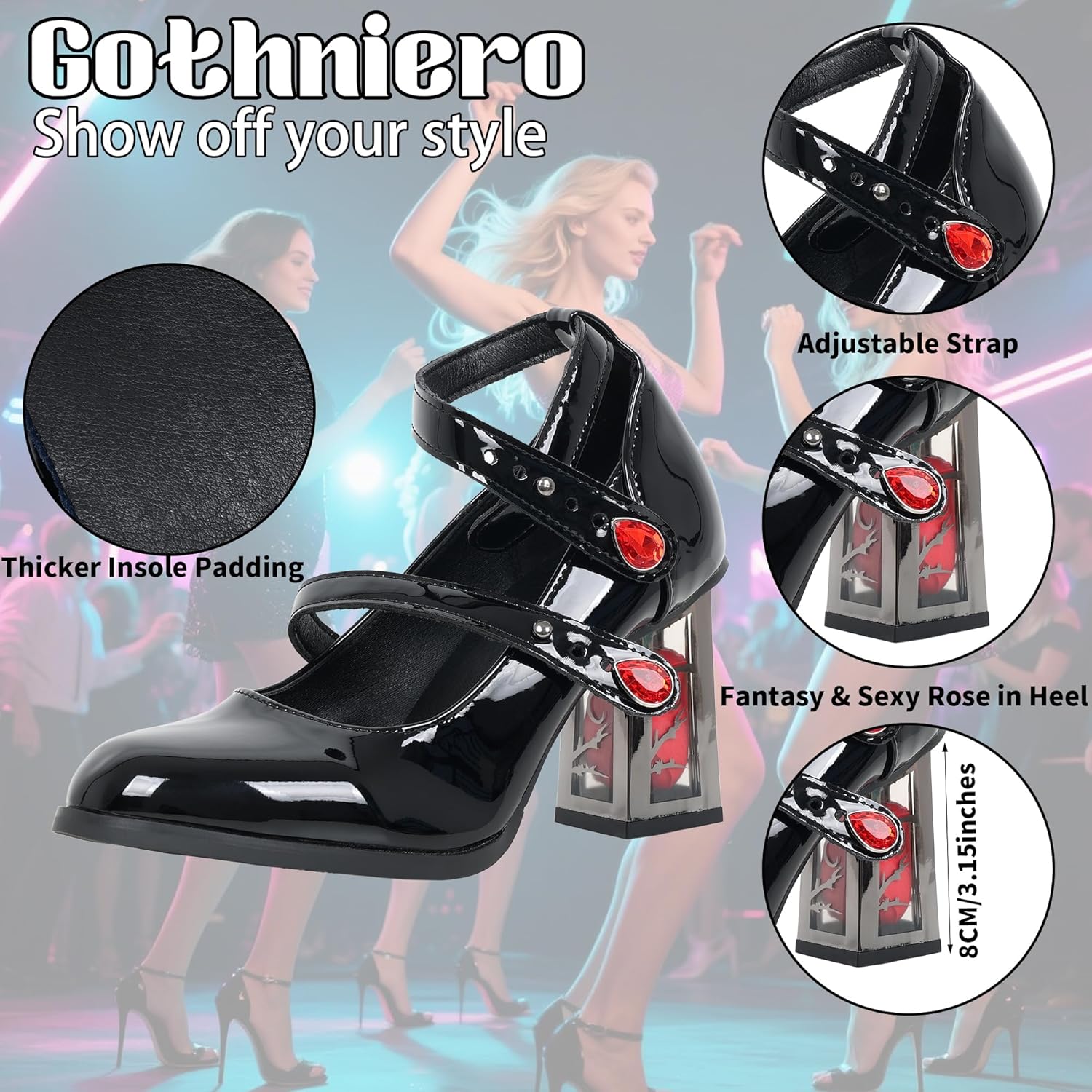 Gothniero Womens Black Platform Mary Janes Goth Lolita Chunky Heel Pumps Gothic Cute Dress Shoes for Women with Ankle Strap Size5.5-10 - Image 4