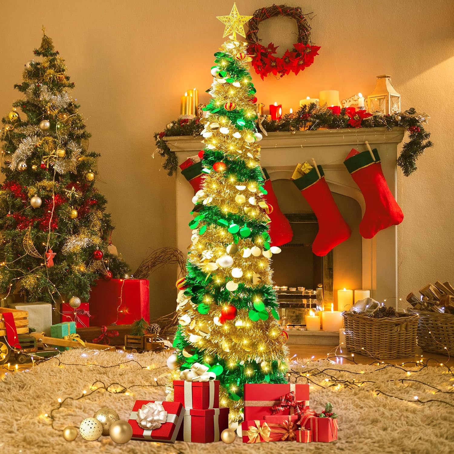 6FT Pop Up Christmas Tinsel Tree - Collapsible Colorful Sequin Artificial Christmas Pencil Trees with 100 Lights, Top Star, 15 Ball Ornament, 12 Modes, Timer for Xmas Decorations(Green + Gold)