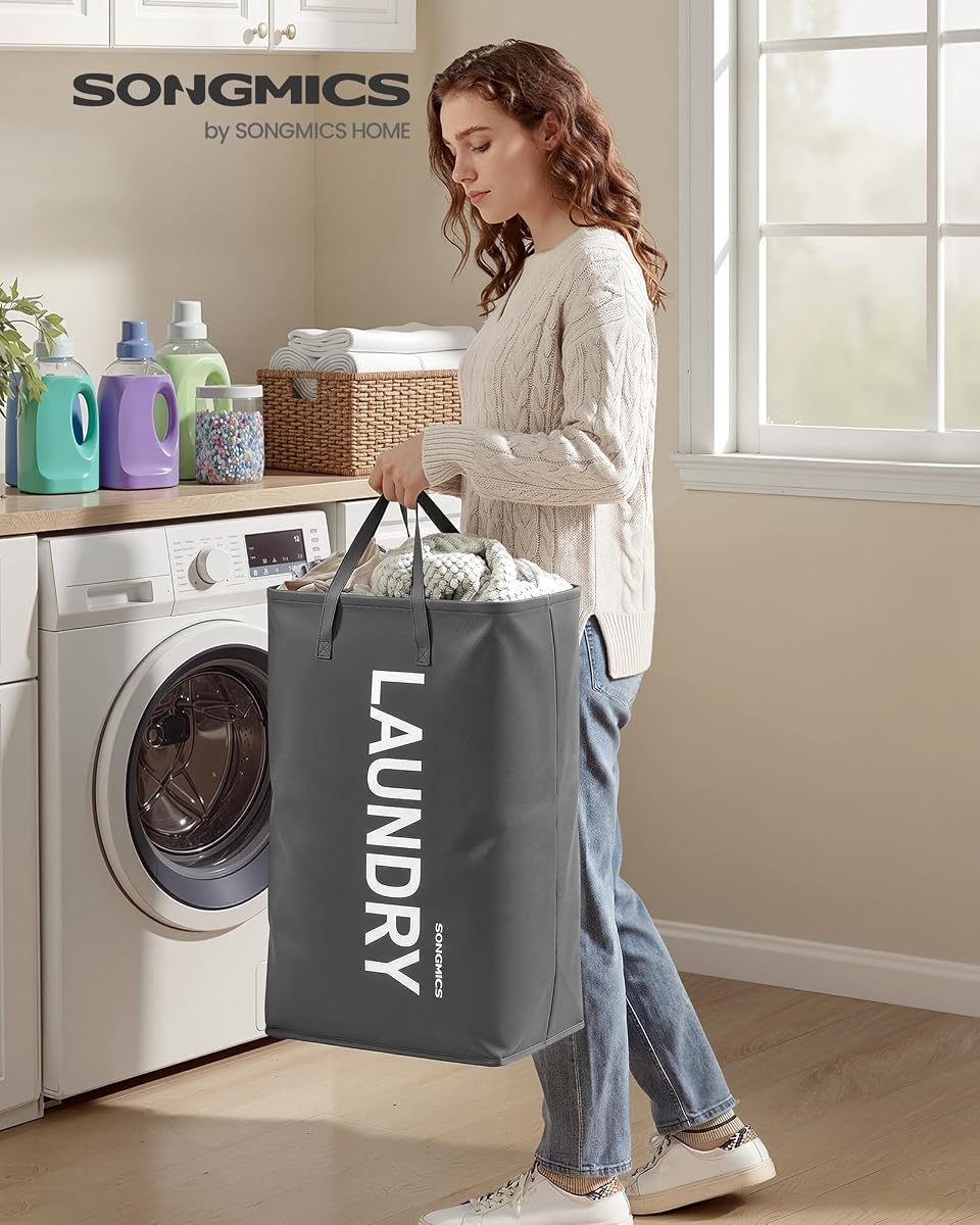 Kosz na pranie SONGMICS, 80 l, składany, kosz do przechowywania, z uchwytem, worek na pranie, wodoodporny, do pralni, sypialni, łazienki, szary łupkowy RLH001GN01